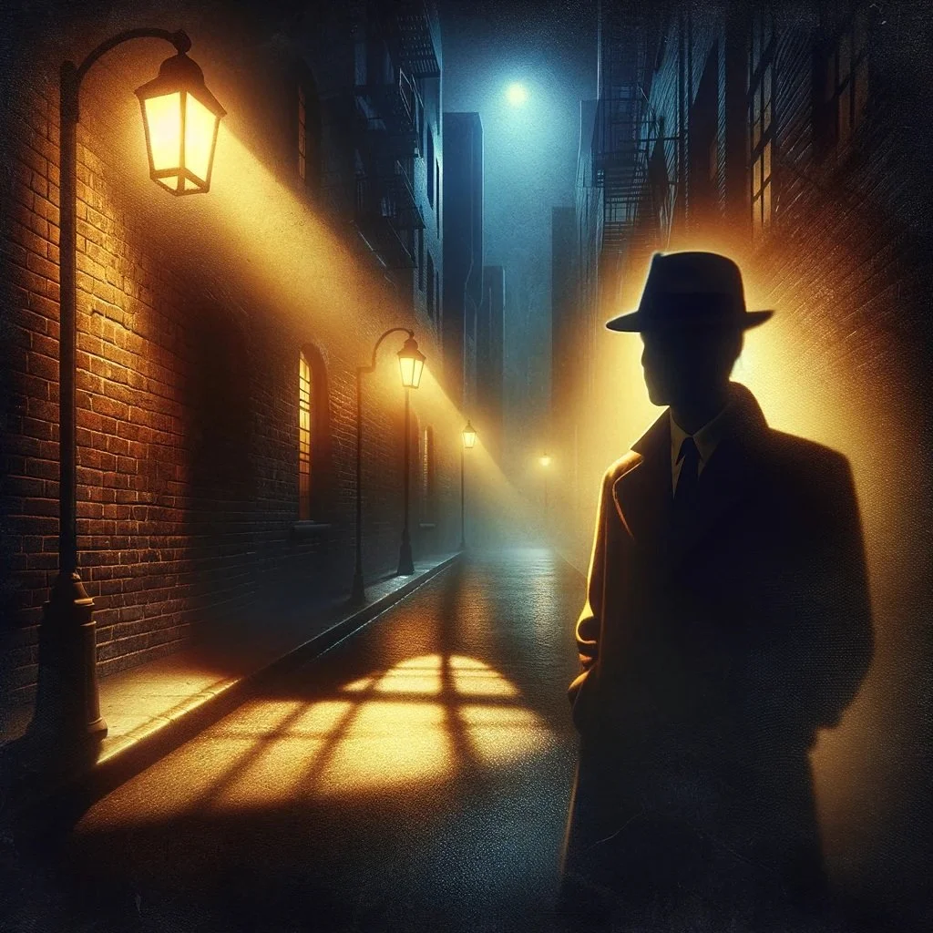 Silhouette of a man in a hat and overcoat standing in a dimly lit, foggy alleyway with vintage street lamps casting warm light on cobblestone pathway.