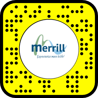 Snapchat code with the Merrill logo and the slogan 'Experience more life!'