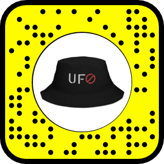 Black bucket hat with 'UFO' logo on the front, displayed in a central circle on a yellow Snapchat code background.