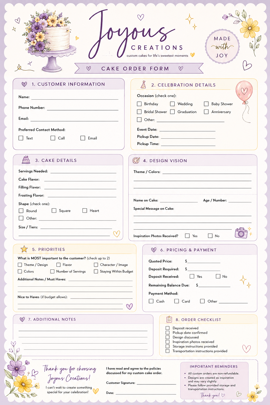 A cake order form from Joyous Creations featuring a floral cake illustration and decorative elements like hearts, stars, and flowers.
