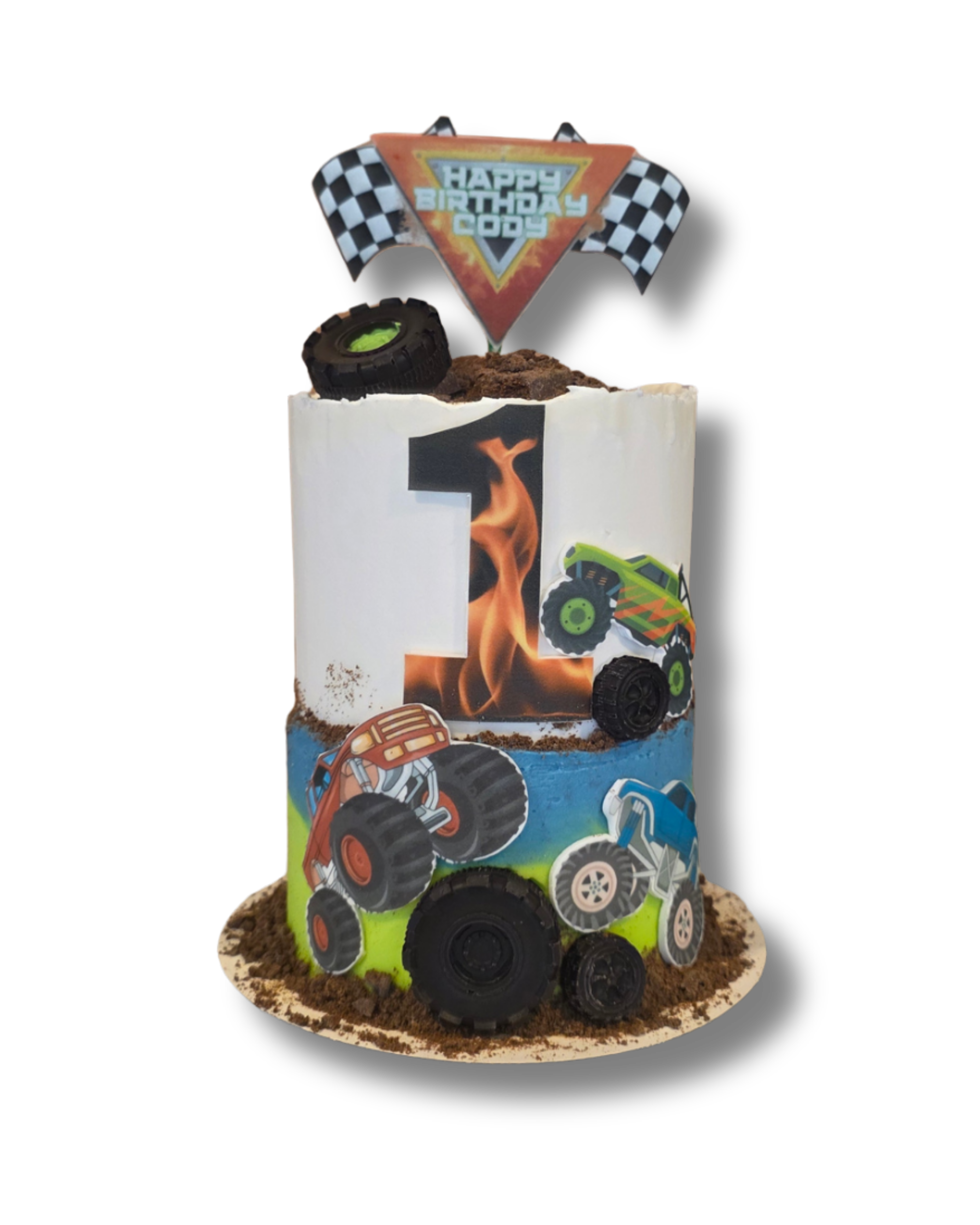 Stacked birthday cupcakes decorated with racing theme paper toppers, including cars and dirt tracks, with a