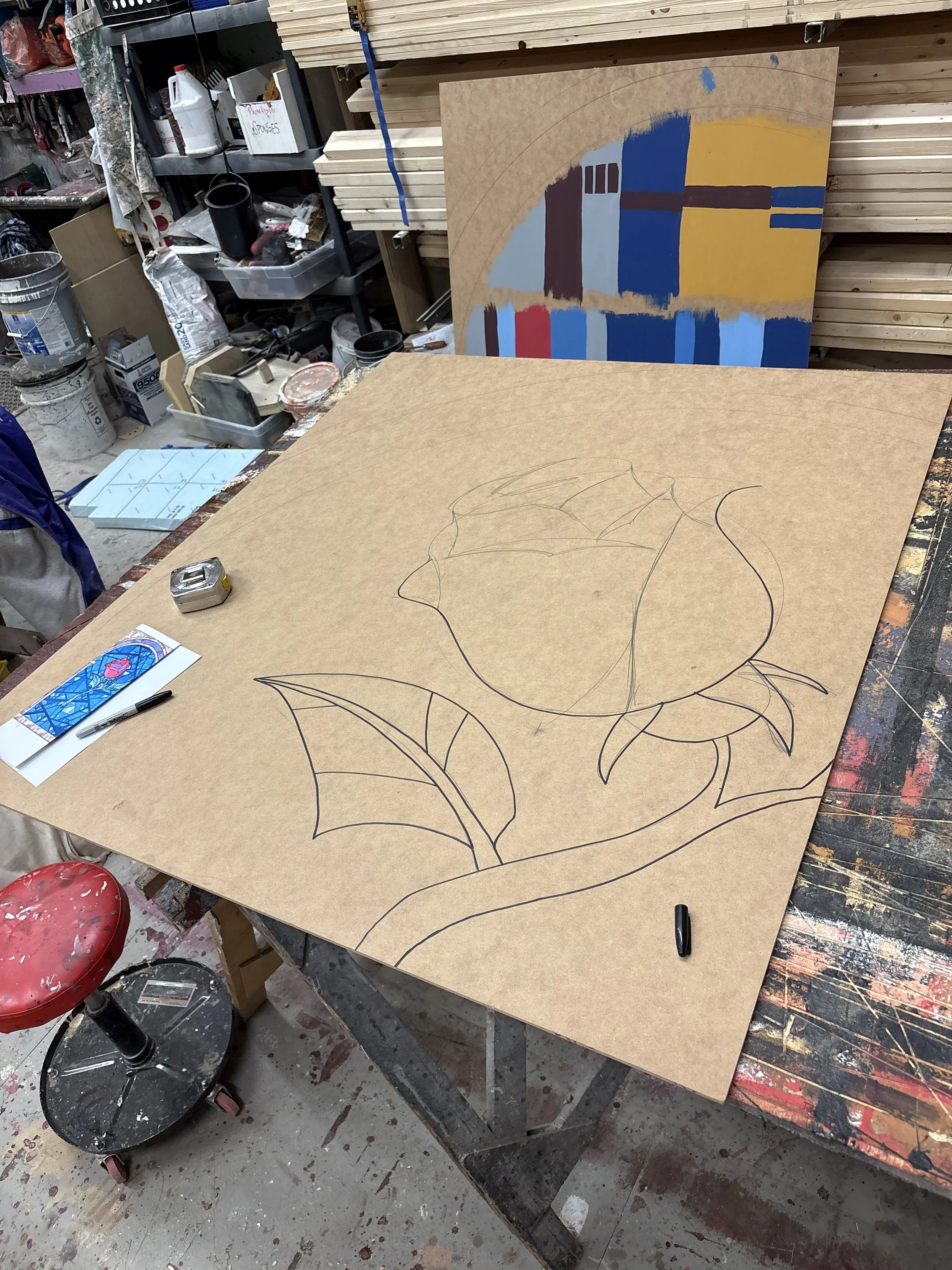 The stained-glass rose in progress