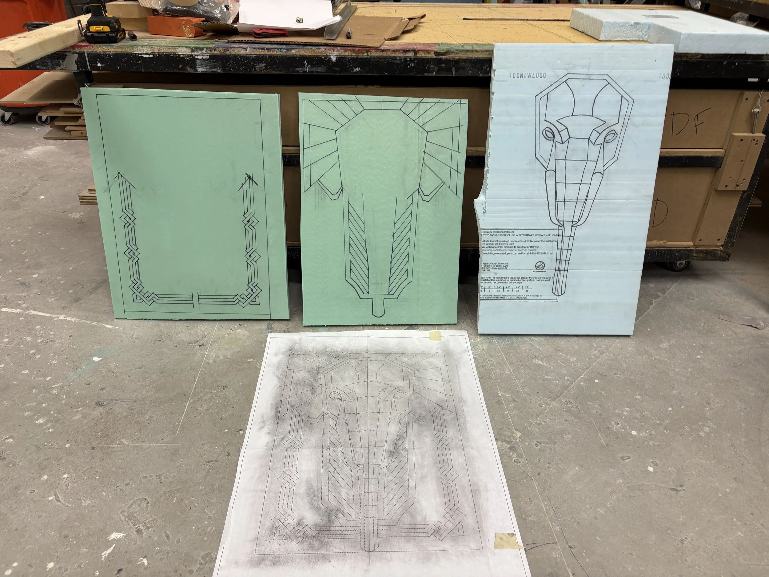 The sculpture was built up in three sections of insulation foam.  I drafted the pattern in AutoCAD and pounced it to transfer to each section.