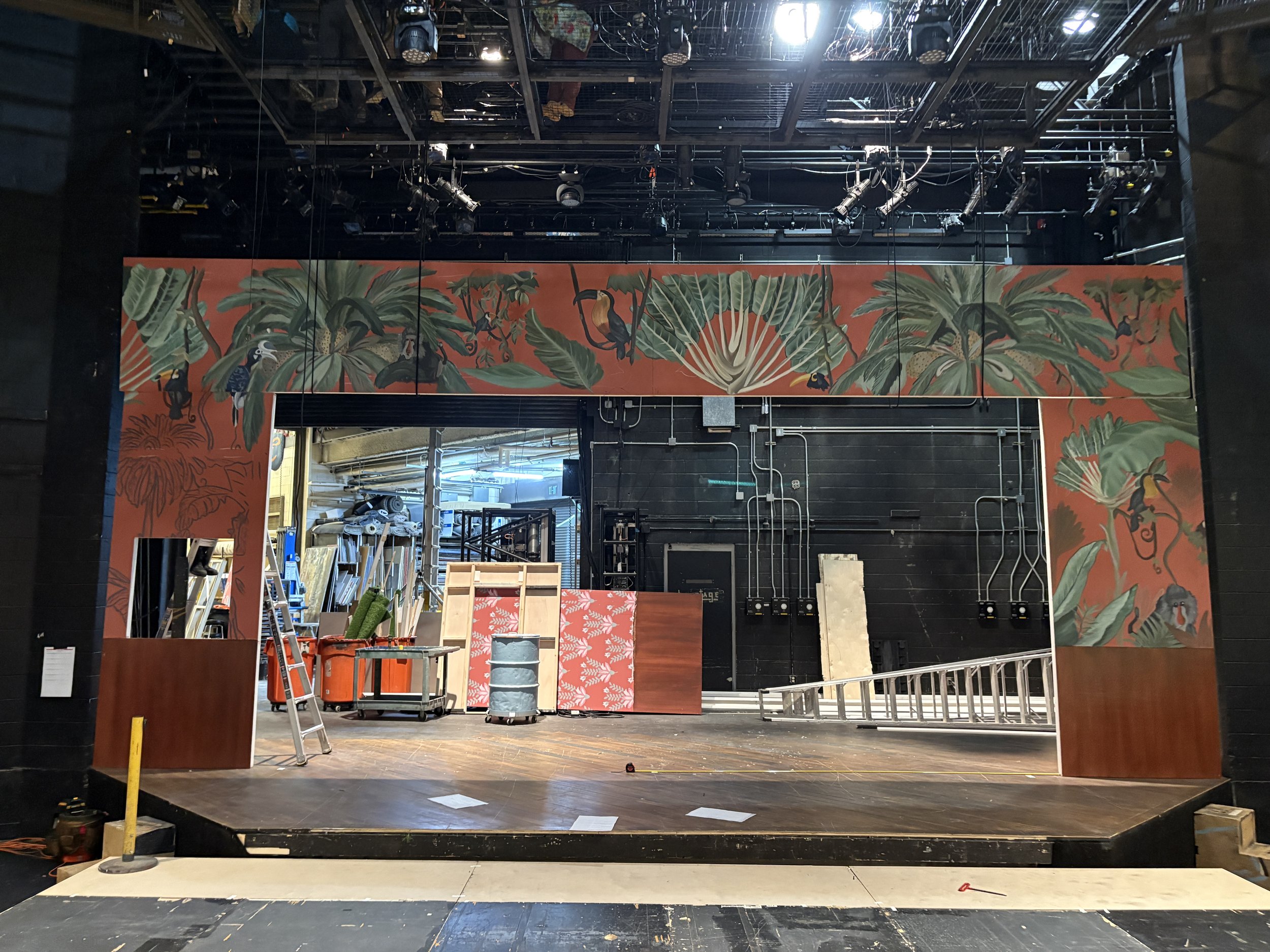The portal arch during load in.  The jungle scene was hand painted by our scenic artists.