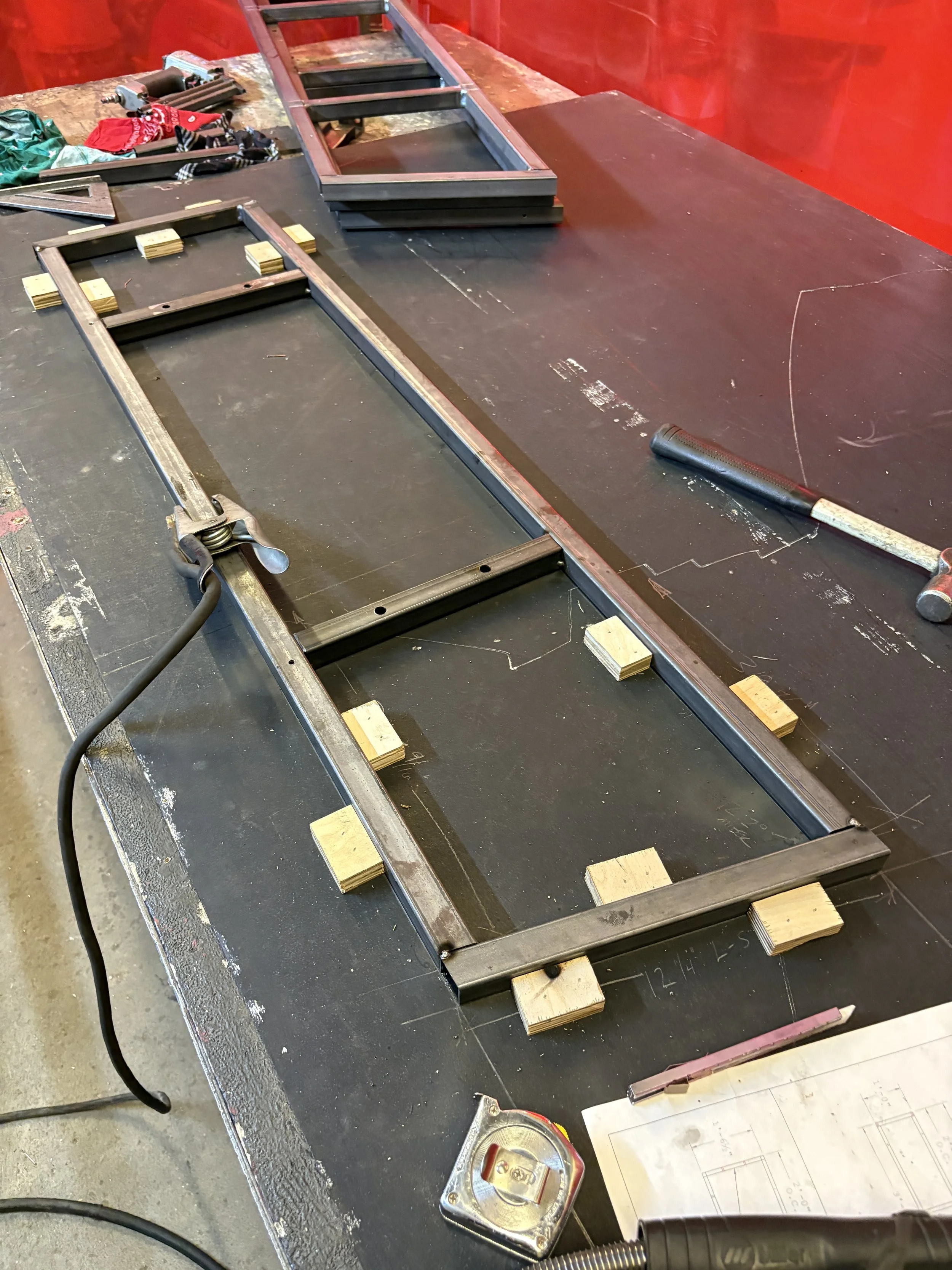 The steps were each built as a top and bottom frame connected by vertical members.