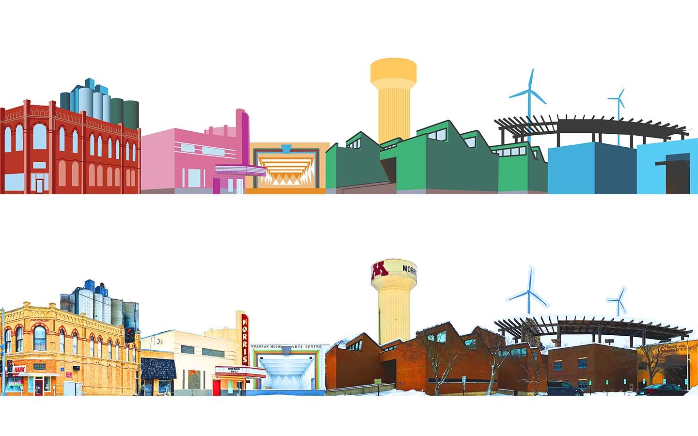 The groundrow was a collage of landmarks in Morris. I created the paint elevations in Photoshop and Illustrator, which we then projected onto the flat facing and painted.