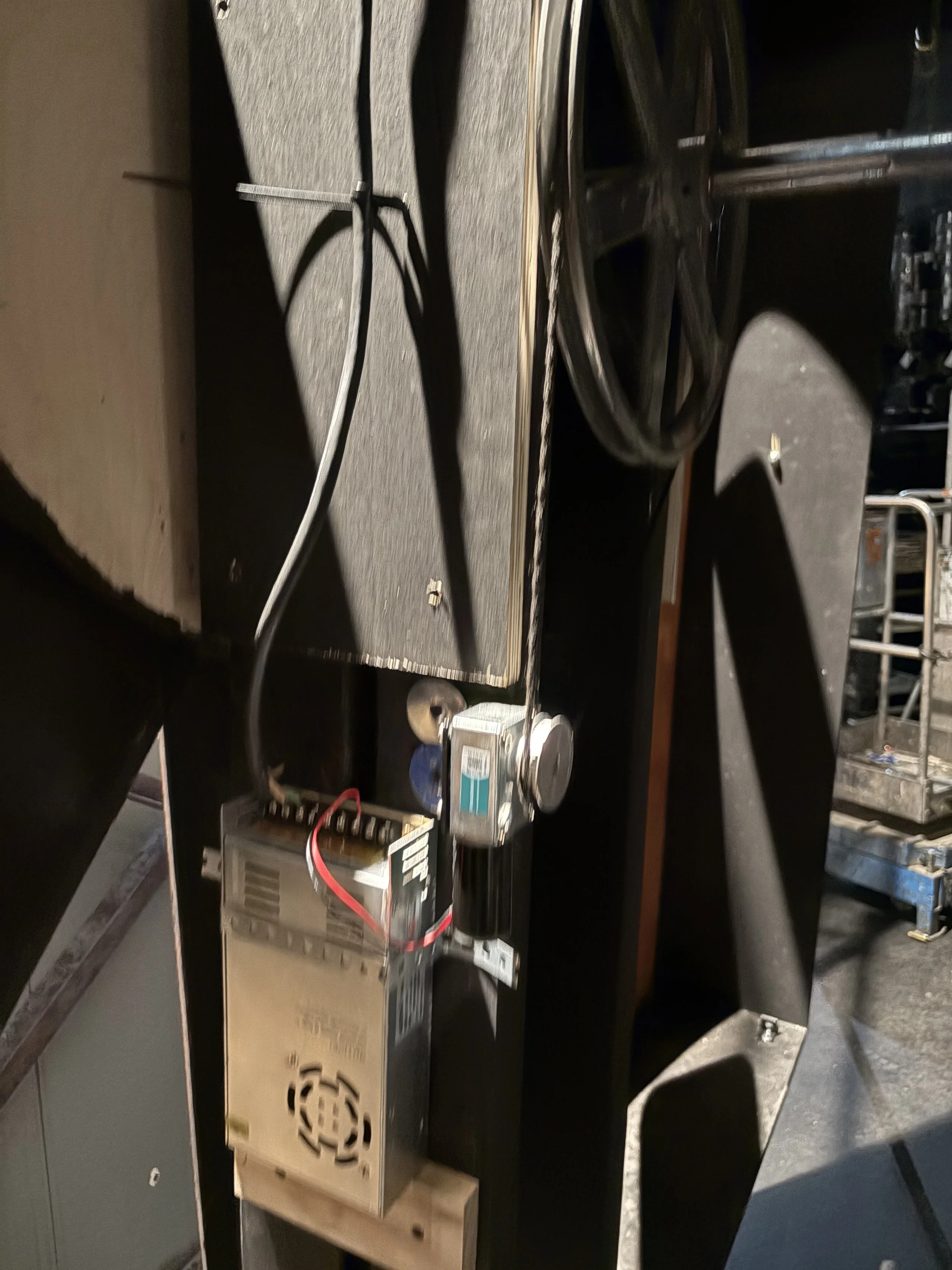 To drive the upstage fans, I did a mock-up with a small 12v motor from our stock and a tie line drive belt.  To my surprise, this system was quite successful and worked through the run of the show.