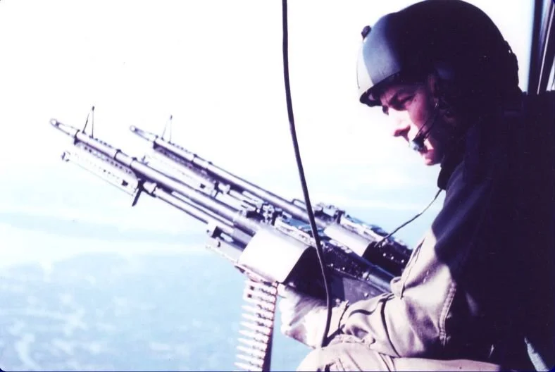  Dual M60 machine guns. Mounted on the sides of the “Huey” he used to fly in. 