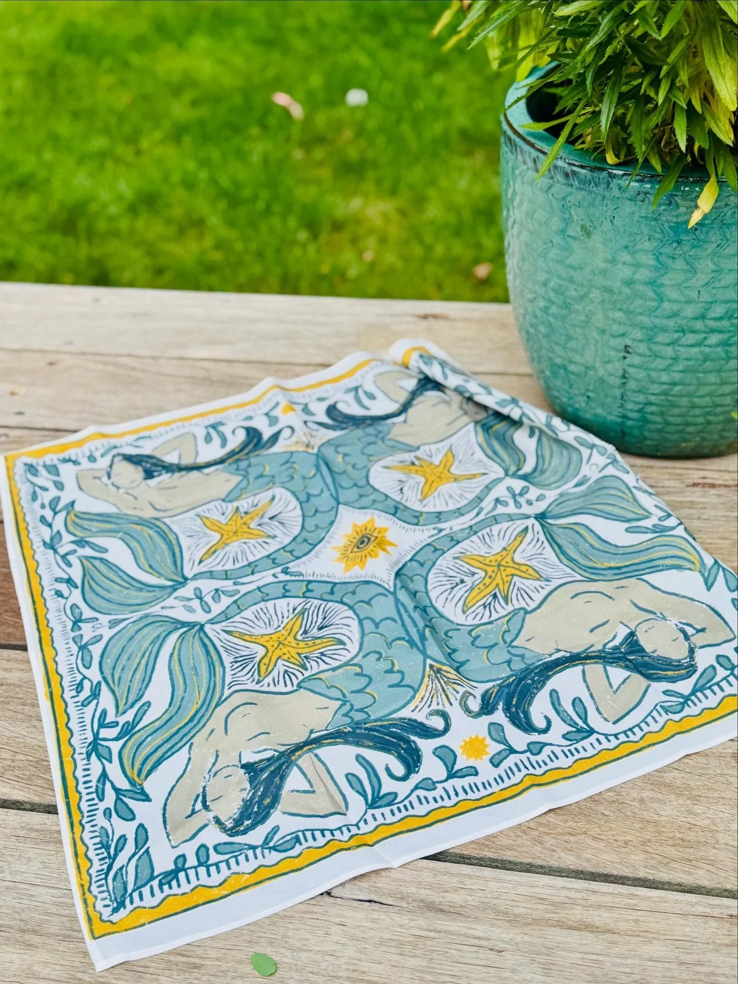First #bandana sample arrived - what do we think?!?!#seacreatures #mermaidbandana #scarves #coastalgrandmother #mermaidvibes #beachbotanical #coastalstorybook #mermaidfolklore #whimsicalseaart #maritimemythology #seaweedpattern #nauticalfolklore #coa