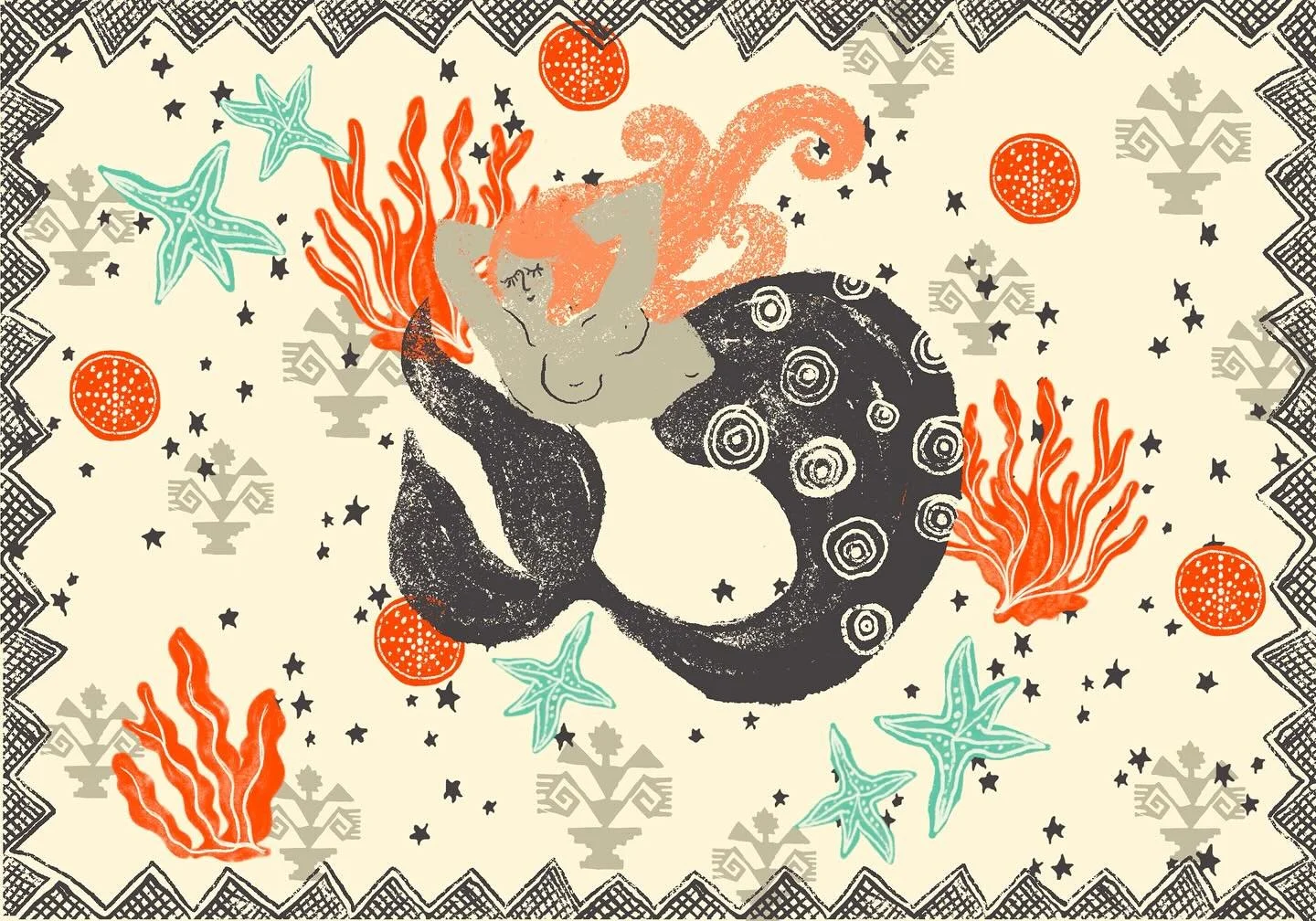 Summer swim #seacreatures #mermaidvibes #beachbotanical #coastalstorybook #mermaidfolklore #whimsicalseaart #maritimemythology #seaweedpattern #nauticalfolklore #coastalfolklore #seasidefolkart #modernmediterranean #rusticcoastal #seasidecottagecore 