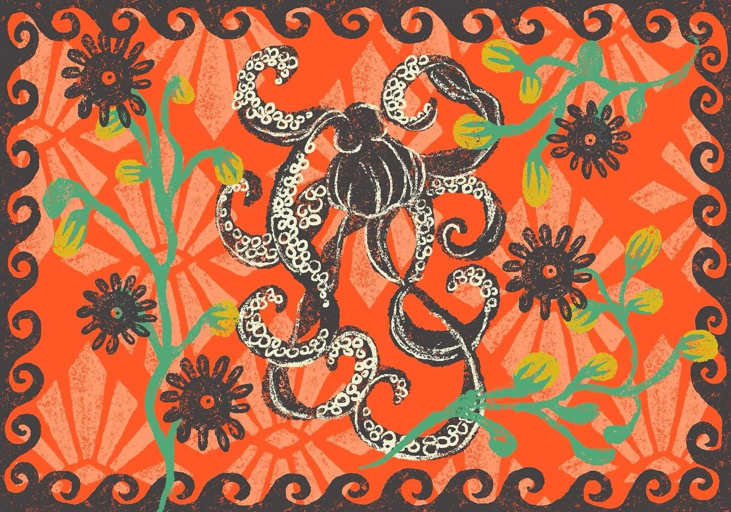 Just back from the desert&hellip;..incoming red and pink 🏜️ #seacreatures #beachbotanical #coastalstorybook #octopusfolklore #whimsicalseaart #maritimemythology #seaweedpattern #nauticalfolklore #coastalfolklore #seasidefolkart #evileyeart #modernme