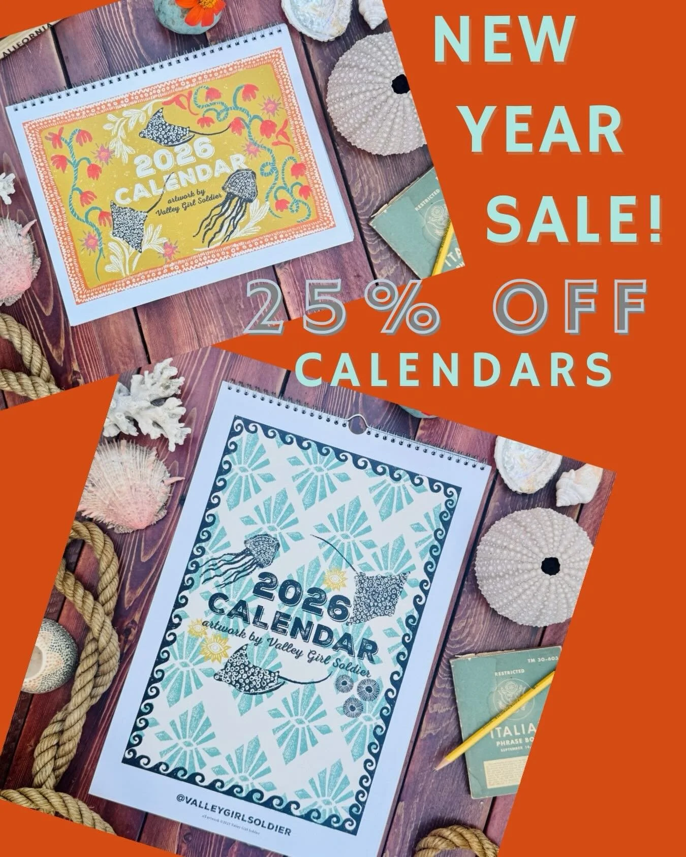 Happy New Year! Snag a 2026 Calendar in my Etsy shop for 25% off through January 15th 🔗 Shop link in my bio. 🌊🦀🧿 #2026calendar #coastalstorybook #mermaidfolklore #whimsicalseaart #maritimemythology #nauticalfolklore #seasidefolkart #evileyeart #m