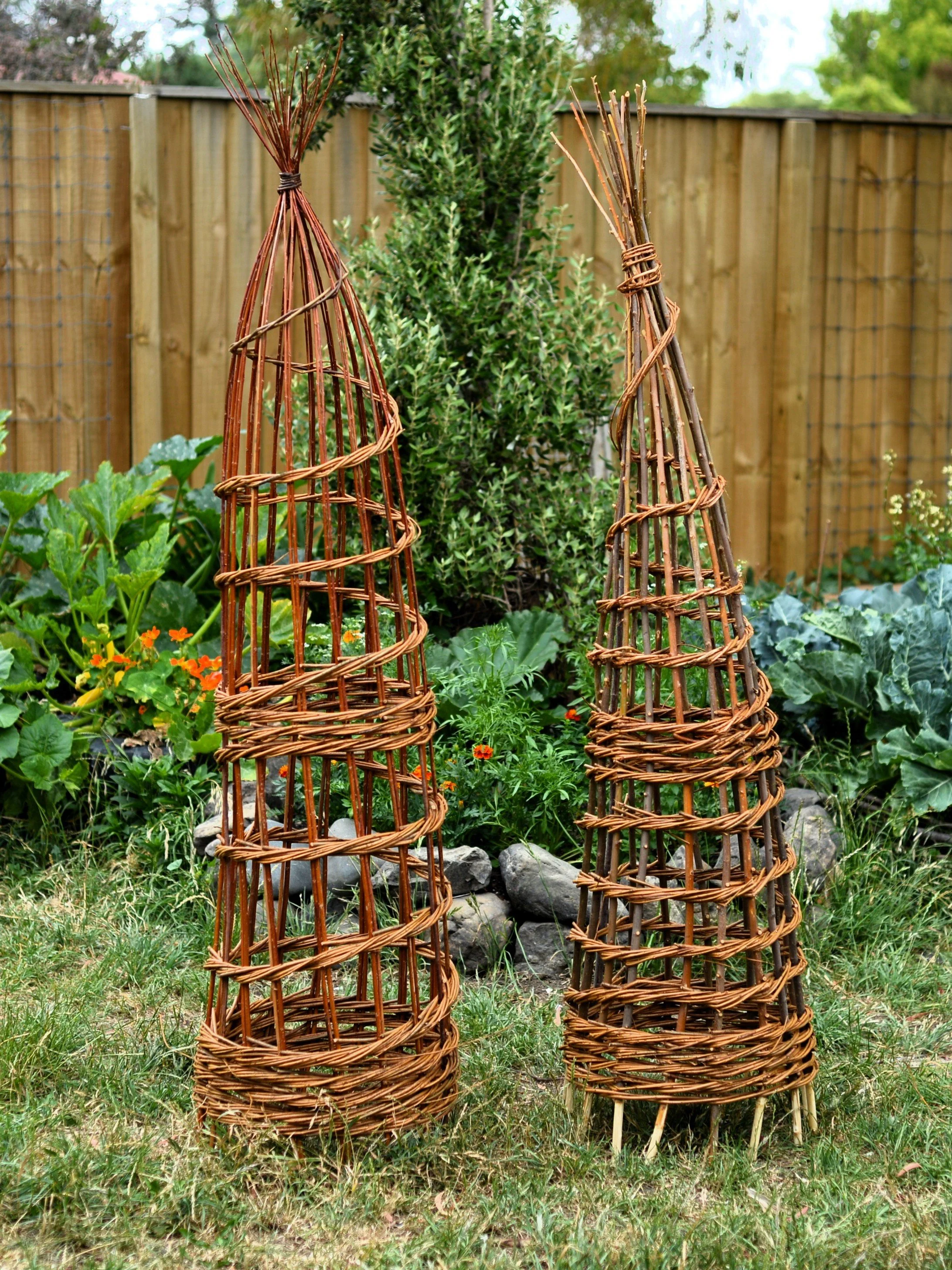 Two tall, cone-shaped woven wicker plant supports in a garden, surrounded by various green plants and flowers, with a wooden fence in the background.