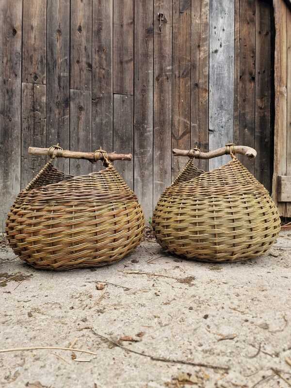 asymmetrical willow basket with driftwood handle