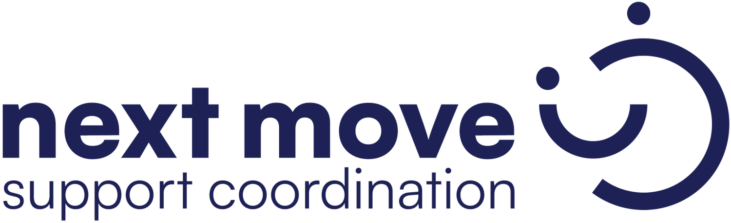 Logo for Next Move Support Coordination with stylized smiling face icon.