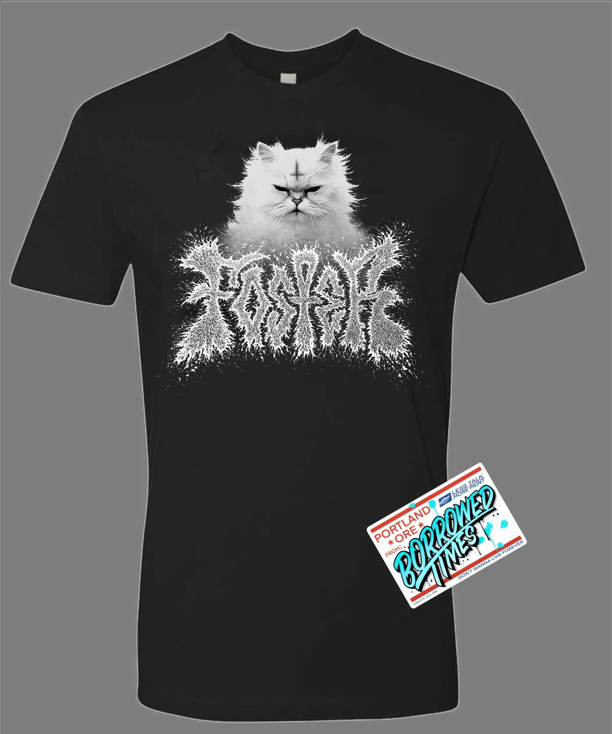 Black t-shirt with a graphic of a grumpy cat's face and the word "Boris" in a stylized, icy font. A colorful sticker with text related to Portland is attached to the lower right of the t-shirt.