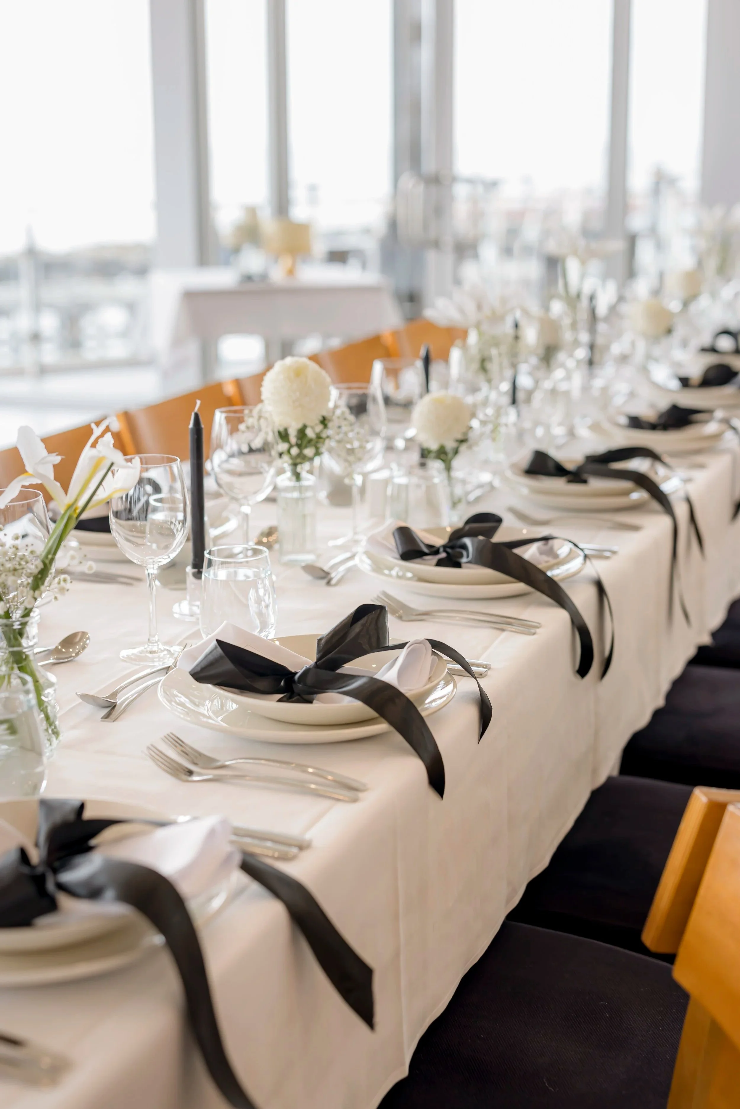 Wedding table set up at waterfront restaurant 360Q at Queenscliff Harbour.