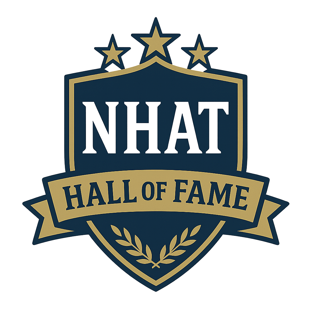 Blue and gold emblem featuring the words 'NHAT Hall of Fame' with three stars and a laurel wreath design.