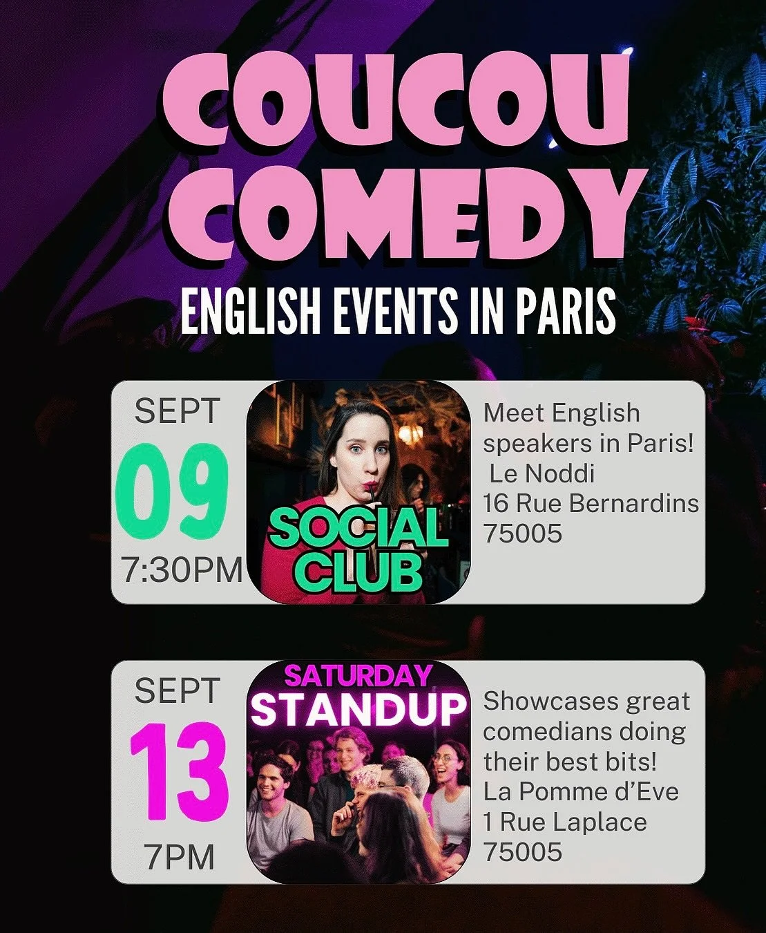 @coucoucomedy is back! 🐦 Swipe for September events. Book 🎟️ at www.coucoucomedy.com . See you soon!
#parisevents #thingstodoinparis #comedyshowparis #pariscomedy #parisexpat #parisnightlife