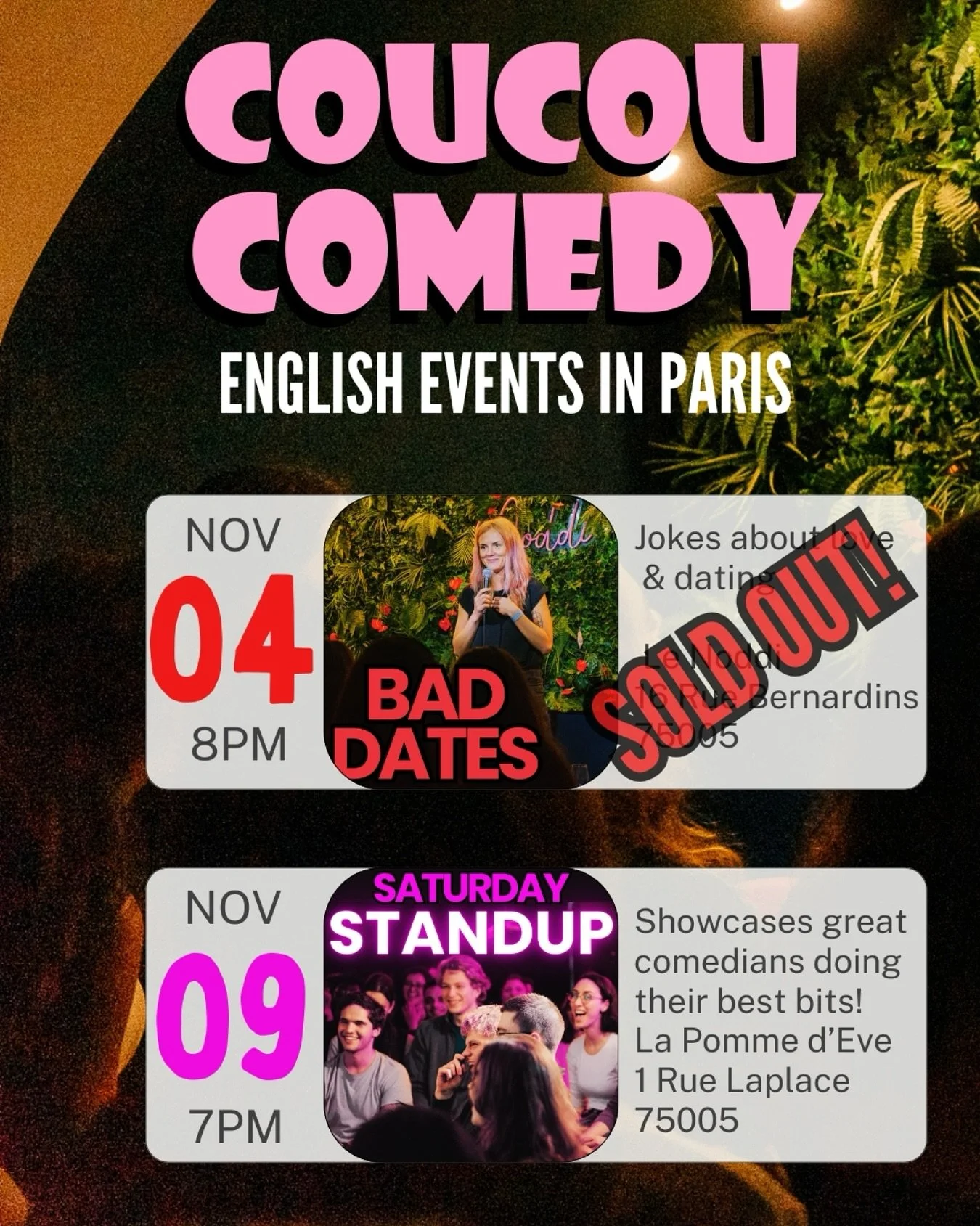 Paris! Swipe ➡️ to see @coucoucomedy 's English events in Paris this November! Whether you want to have a laugh or find new friends - there is something for everyone! Book any event at coucoucomedy.com 
See you soon! 🐦 #parisevent #parisfun #parisni