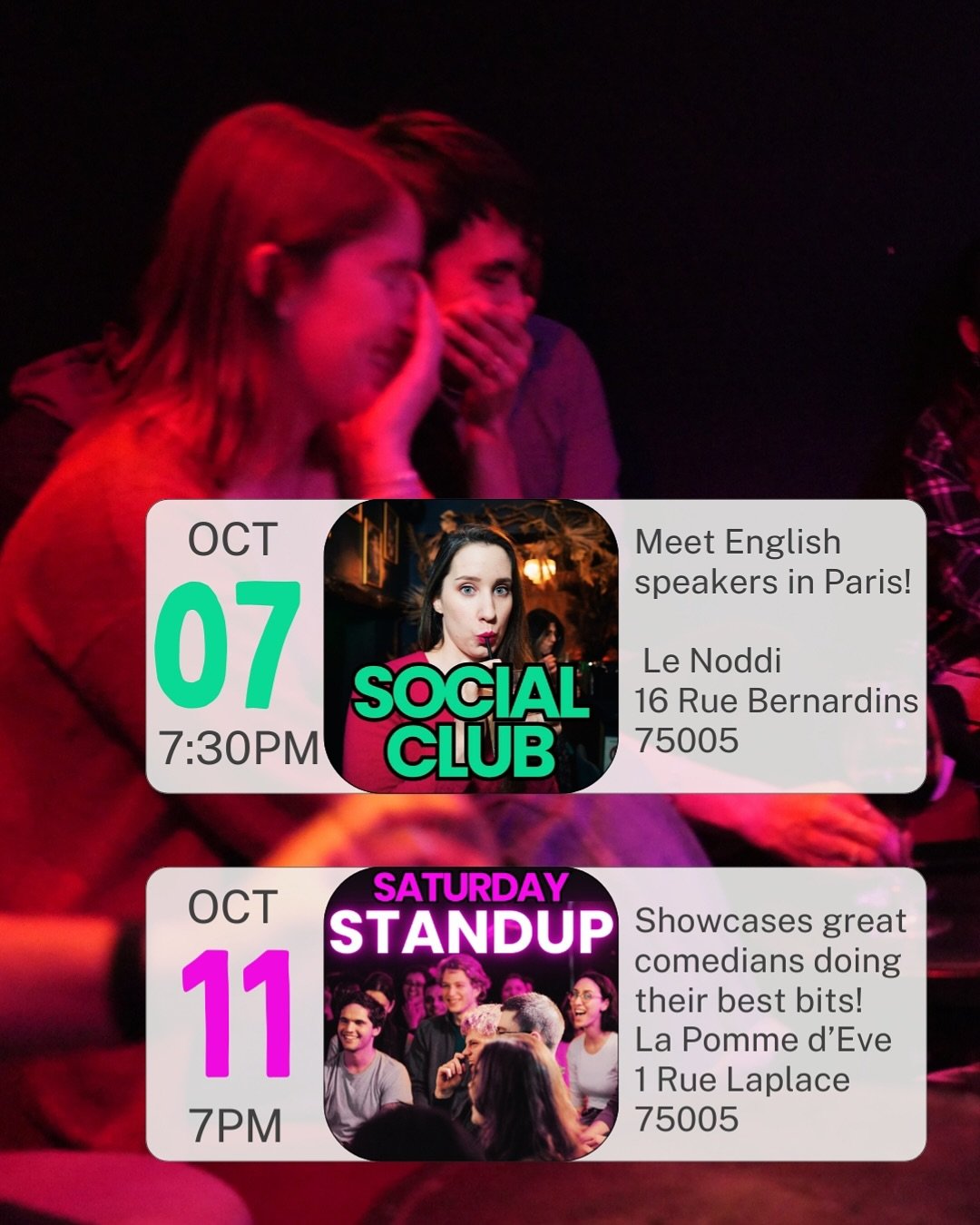 Paris! Swipe to find @coucoucomedy 's October events. Meet English speakers at our social clubs or have a laugh at our standup shows. Head to coucoucomedy.com for 🎟️. See you soon! 🐦 #parisevent #parisshow #parisfriends #parissocialclub #thingstodo