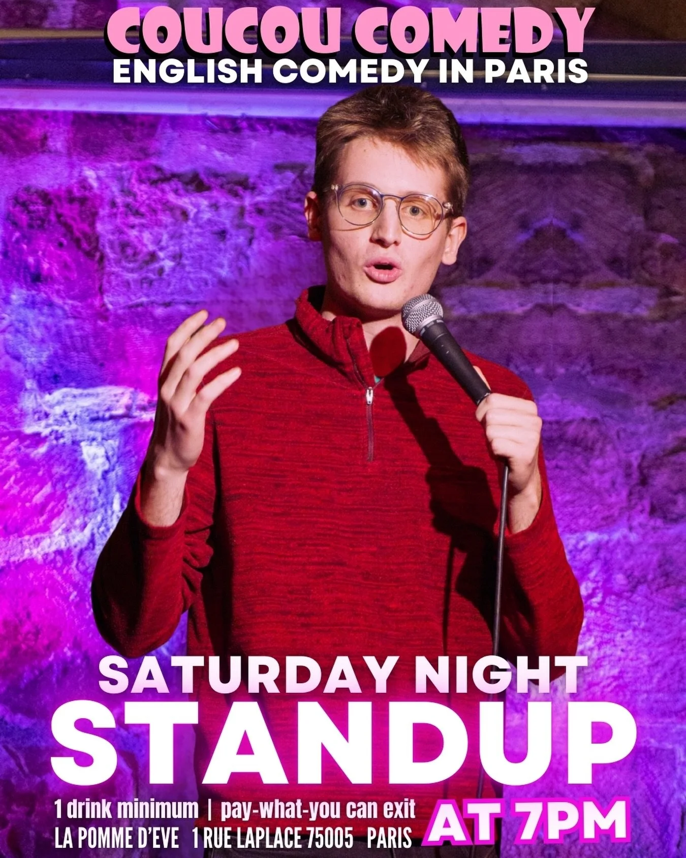 Don't miss @coucoucomedy this Saturday! Free bookings in their bio, pay-what-you-can exit. Doors open 7pm @bar.lapommedeve . Featuring great comics including @noahplasse and hosted by @annacomicallycorrect . See you there! #parisfun #parisshow #thing
