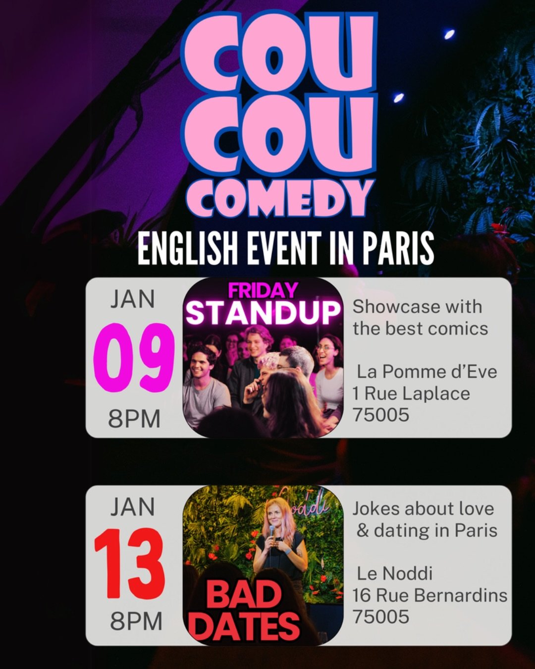 Paris! Swipe to see @coucoucomedy 's English events this month. Bookings at www.coucoucomedy.com #bestofparis #pariscomedy #englishcomedyinparis #parisgram