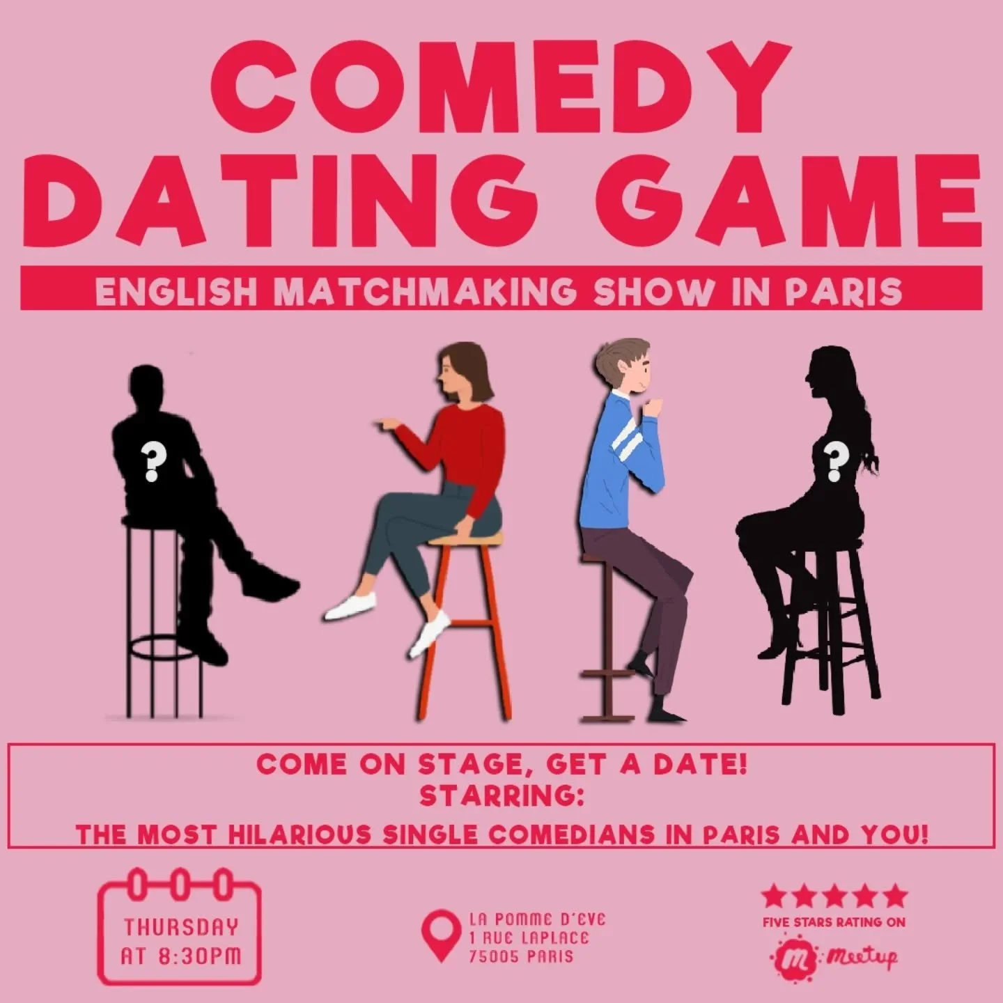 This Thursday leave the dating apps and come to our show instead! One of the most fun formats to watch live... The Dating Game 💘 

Doors open at 8pm at @bar.lapommedeve
Tickets at the door 10&euro;
More info and presales at annaampatziani.com

#engl