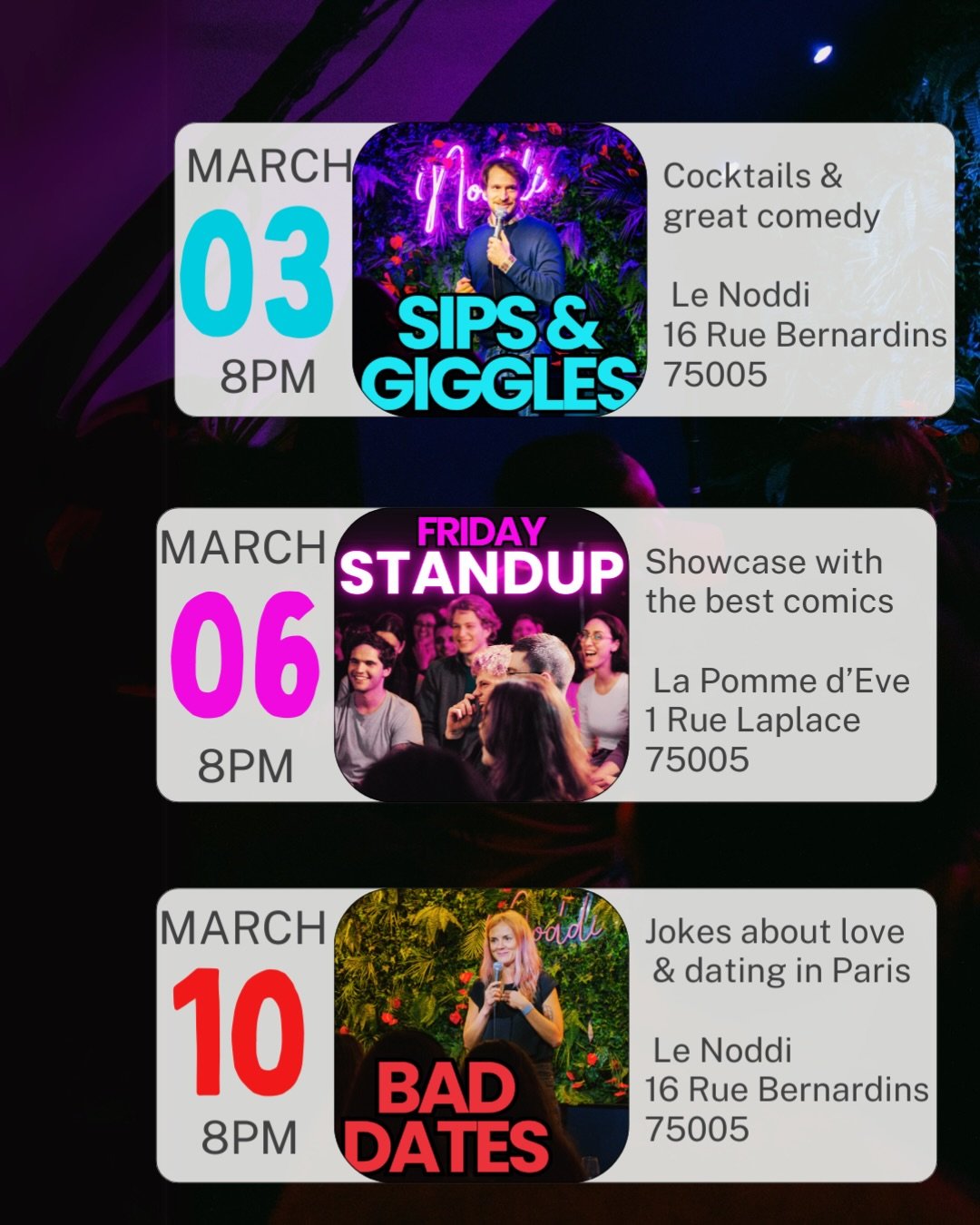 English Stand Up &amp; Social Nights in Paris! Swipe to see @coucoucomedy 's March events. #parisfun #expatsinparis #parisevent #parislife #parisvibes