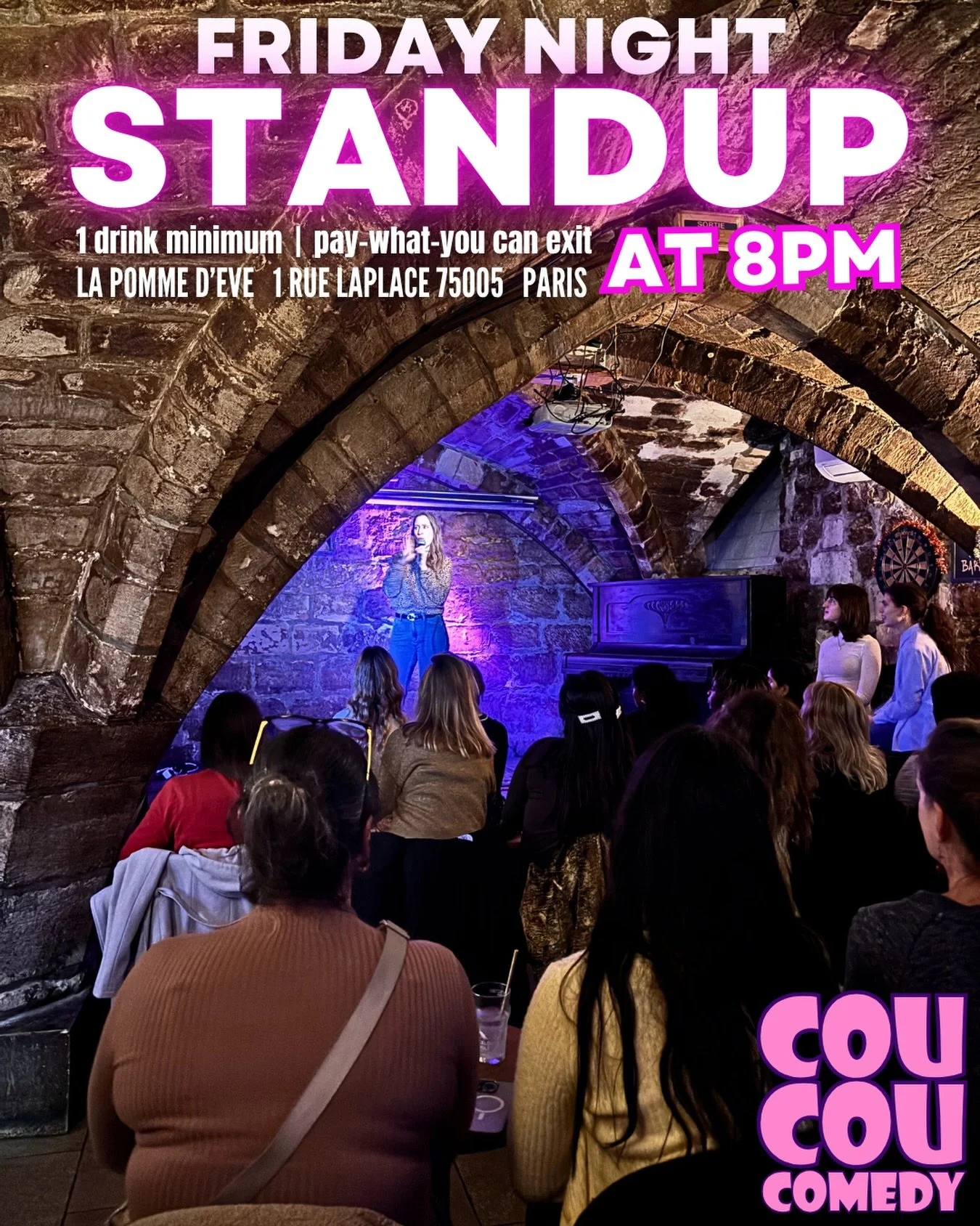 See English Stand Up in Paris this Friday with @coucoucomedy at @bar.lapommedeve ! The venue has air conditioning so you can cool down AND have a laugh. Doors open 8pm. Bookings in bio or head to coucoucomedy.com . See you there? #pariscomedy #comedy