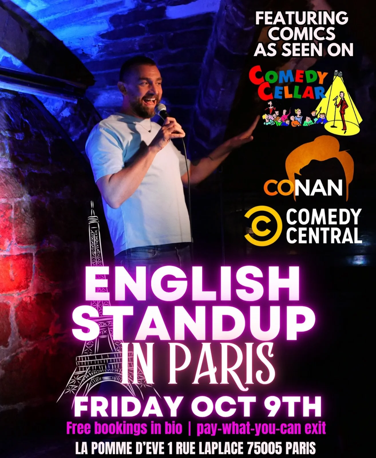 TONIGHT OCT 9th! See pro NYC/LA comics! Bookings in @coucoucomedy 's bio. Doors open 8pm at @bar.lapommedeve . Don't miss it!