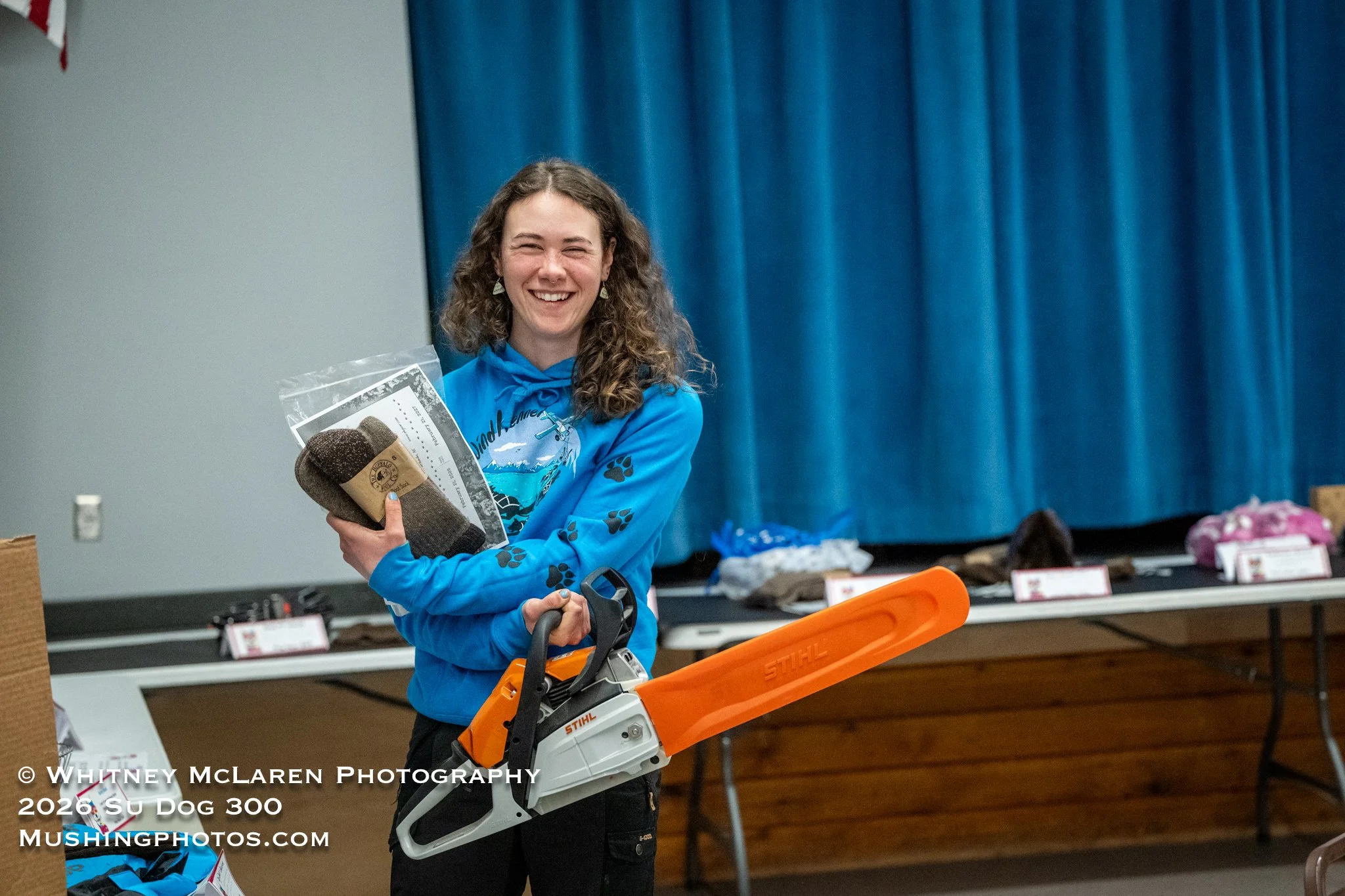 Mary Boniface snags a chainsaw from Moore's Hardware, Buffalo Wool gear and a certificate for custom musher mitts from Apocalypse Designs!