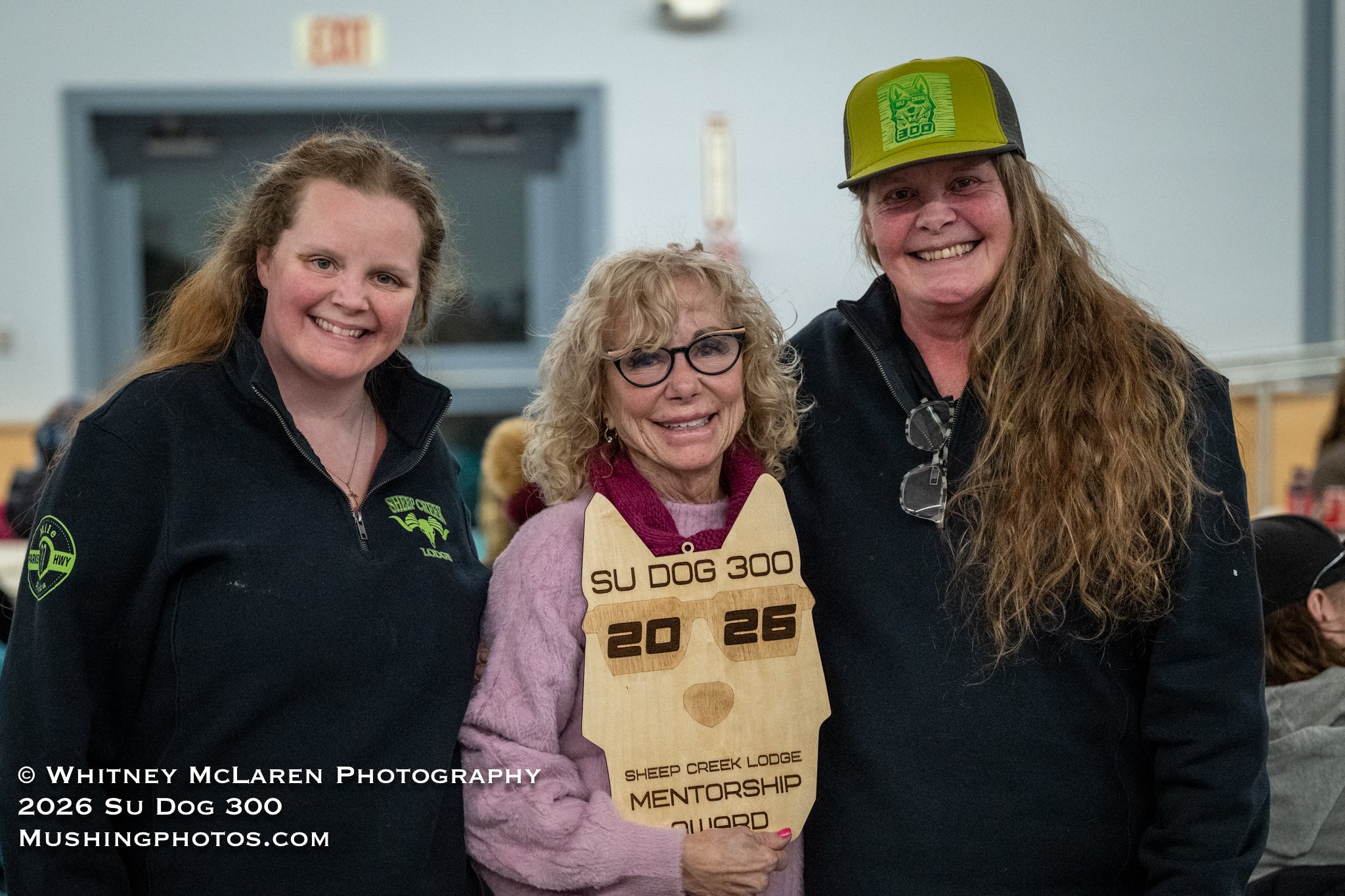 DeeDee Jonrowe is the recipient of the  Sheep Creek Lodge Mentorship Award, presented by lodge owners Molly and Jessi!