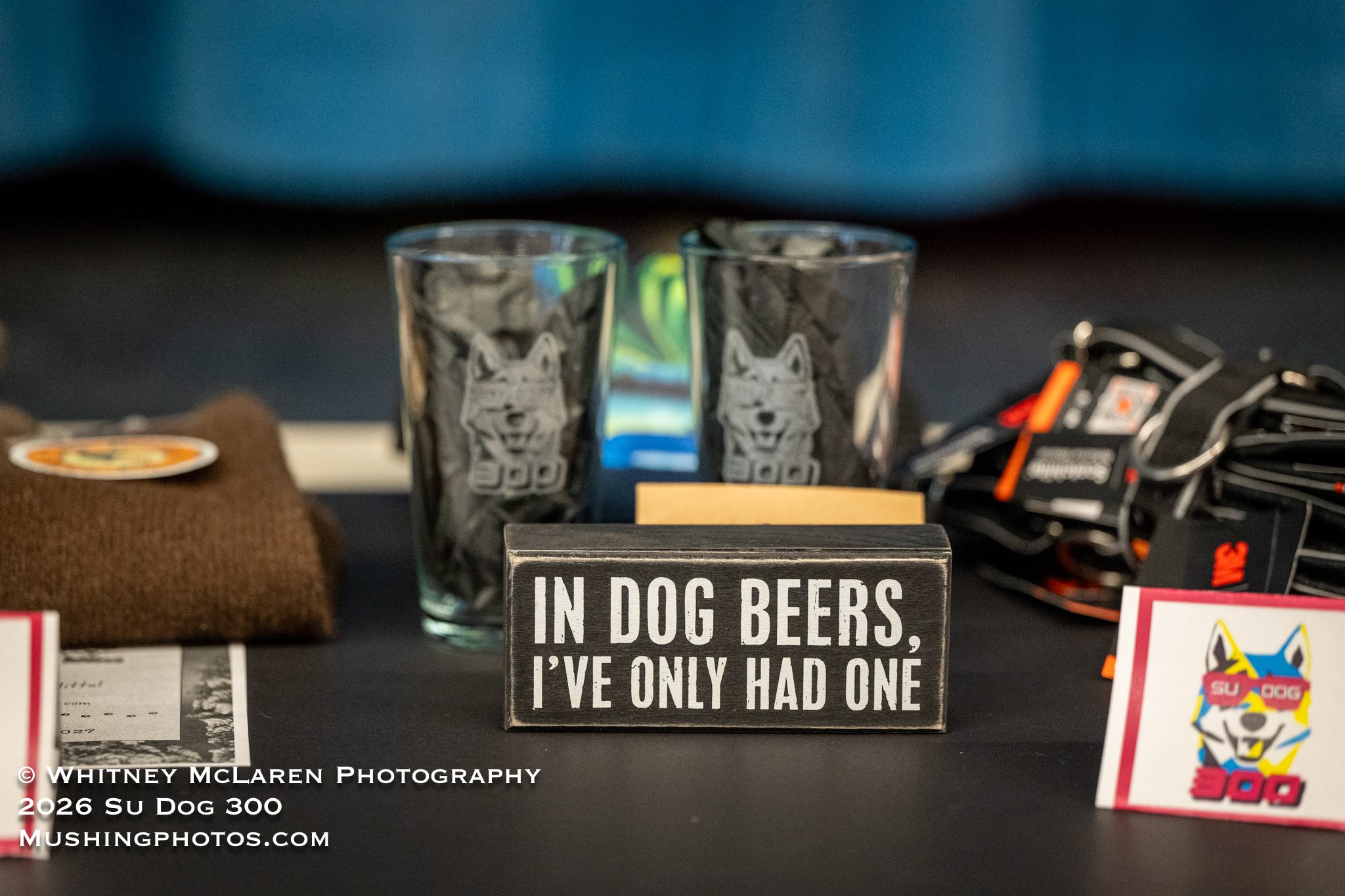 Custom Su Dog beer glasses, Denali Brewing company hat and gift certificate
