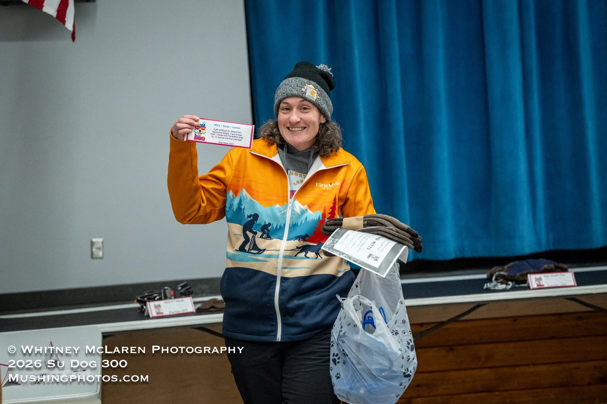 Jennifer Nelson takes home a full gangline, Buffalo Wool socks and a certificate for Apocalypse Designs musher mittens!