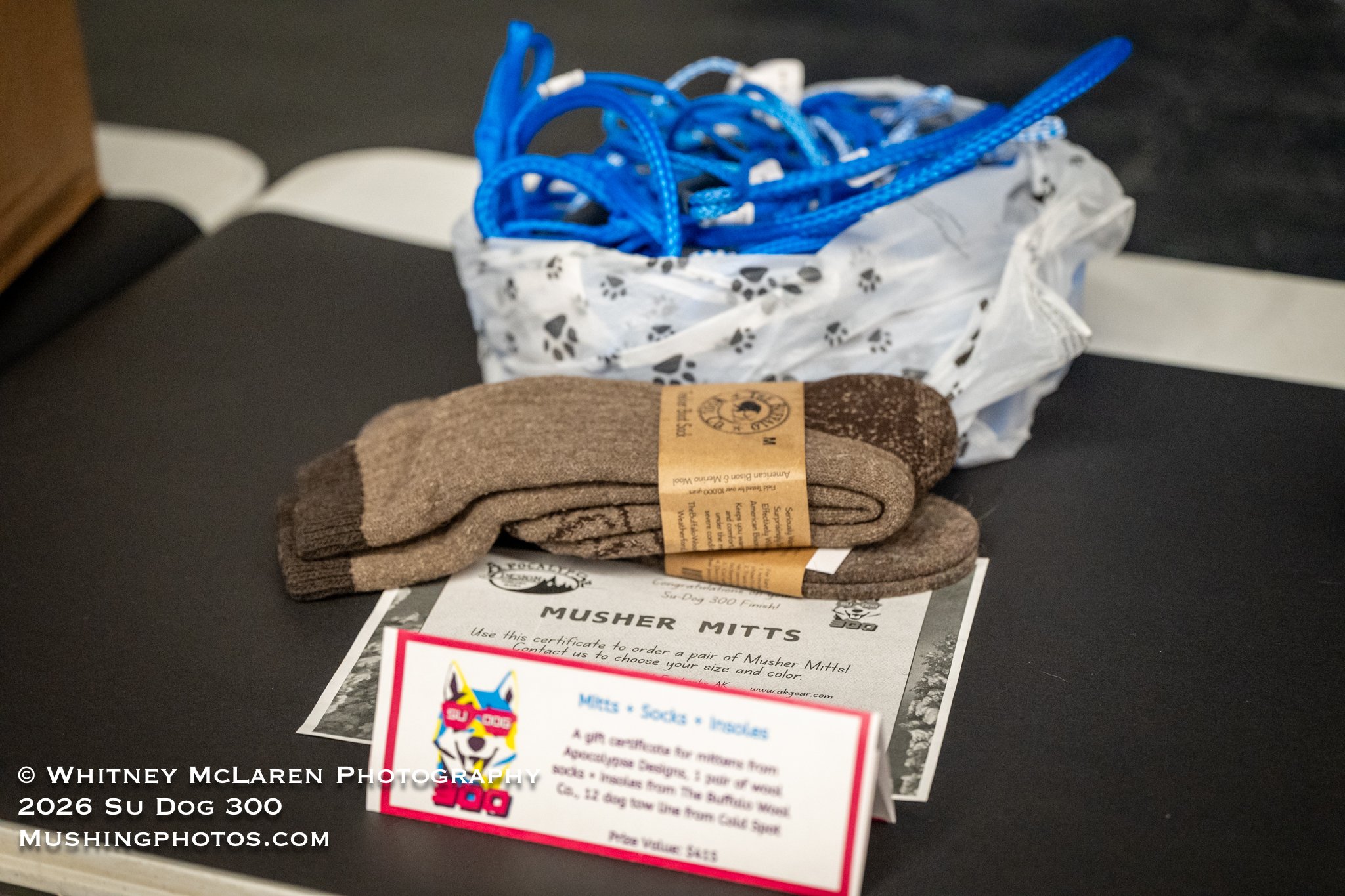 Buffalo Wool socks, Certificate for custom Apocolypse mittens and a full gangline setup