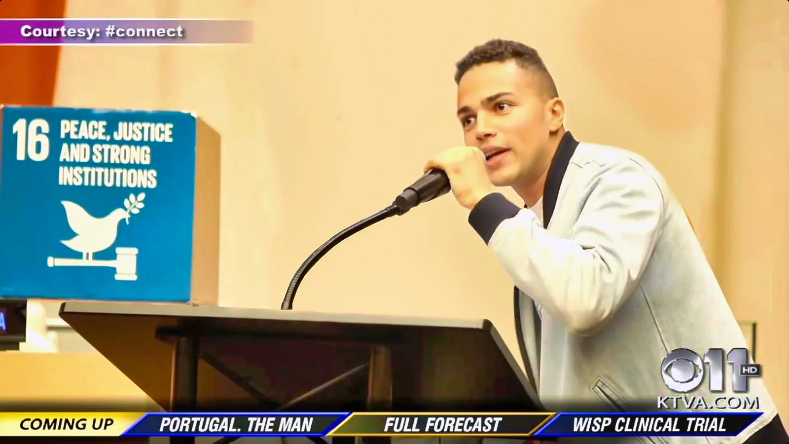 KTVA 11 News coverage showing Cliff Divine speaking at the United Nations Headquarters in New York City on September 22, 2017, during a summit on the 17 Sustainable Development Goals, specifically Goal 16: Peace, Justice and Strong Institutions. He r