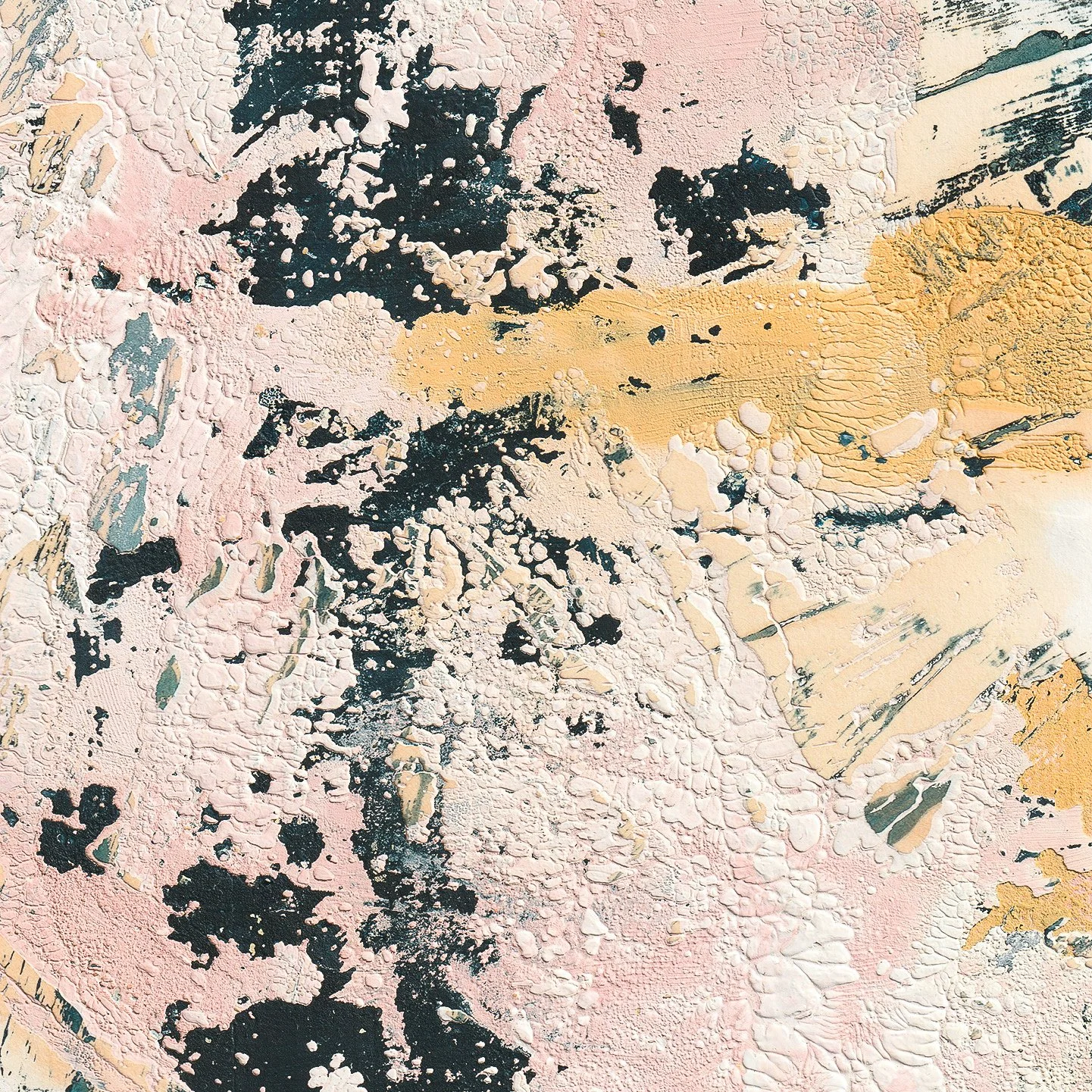 Individual piece 045 of Early Recollections — An oil paint monotype mounted on oak wood featuring soft hues of yellow, light blue, dark blue, pink, grey, and white