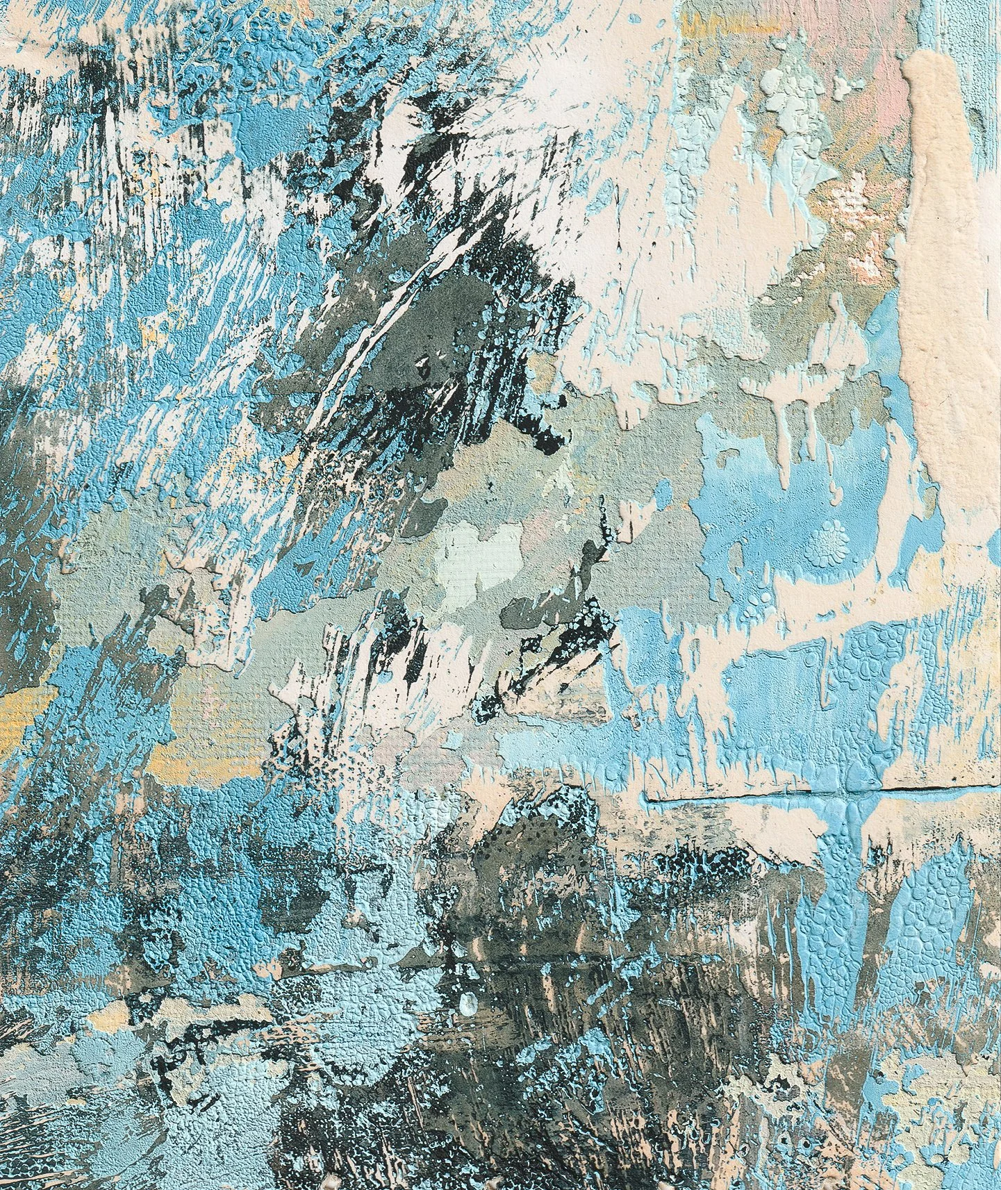 Individual piece 040 of Early Recollections — An oil paint monotype mounted on oak wood featuring soft hues of yellow, light blue, dark blue, pink, grey, and white