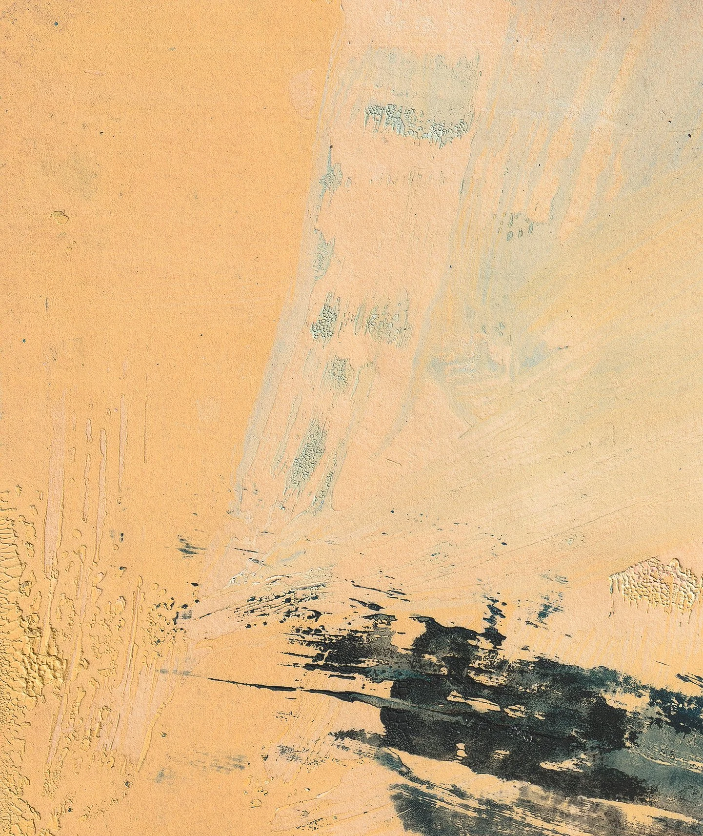 Individual piece 051 of Early Recollections — An oil paint monotype mounted on oak wood featuring soft hues of yellow, light blue, dark blue, pink, grey, and white