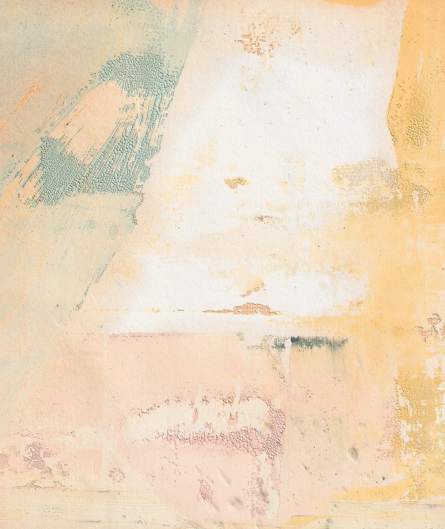 Individual piece 049 of Early Recollections — An oil paint monotype mounted on oak wood featuring soft hues of yellow, light blue, dark blue, pink, grey, and white