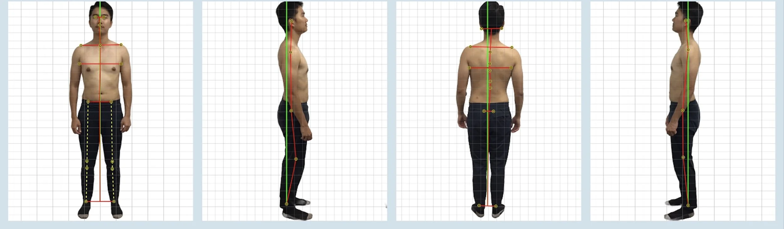 A series of four images of a shirtless man with dark hair, standing against a grid background, shown from front and side profiles. The images display green and red lines and yellow points, indicating body measurements or posture analysis.