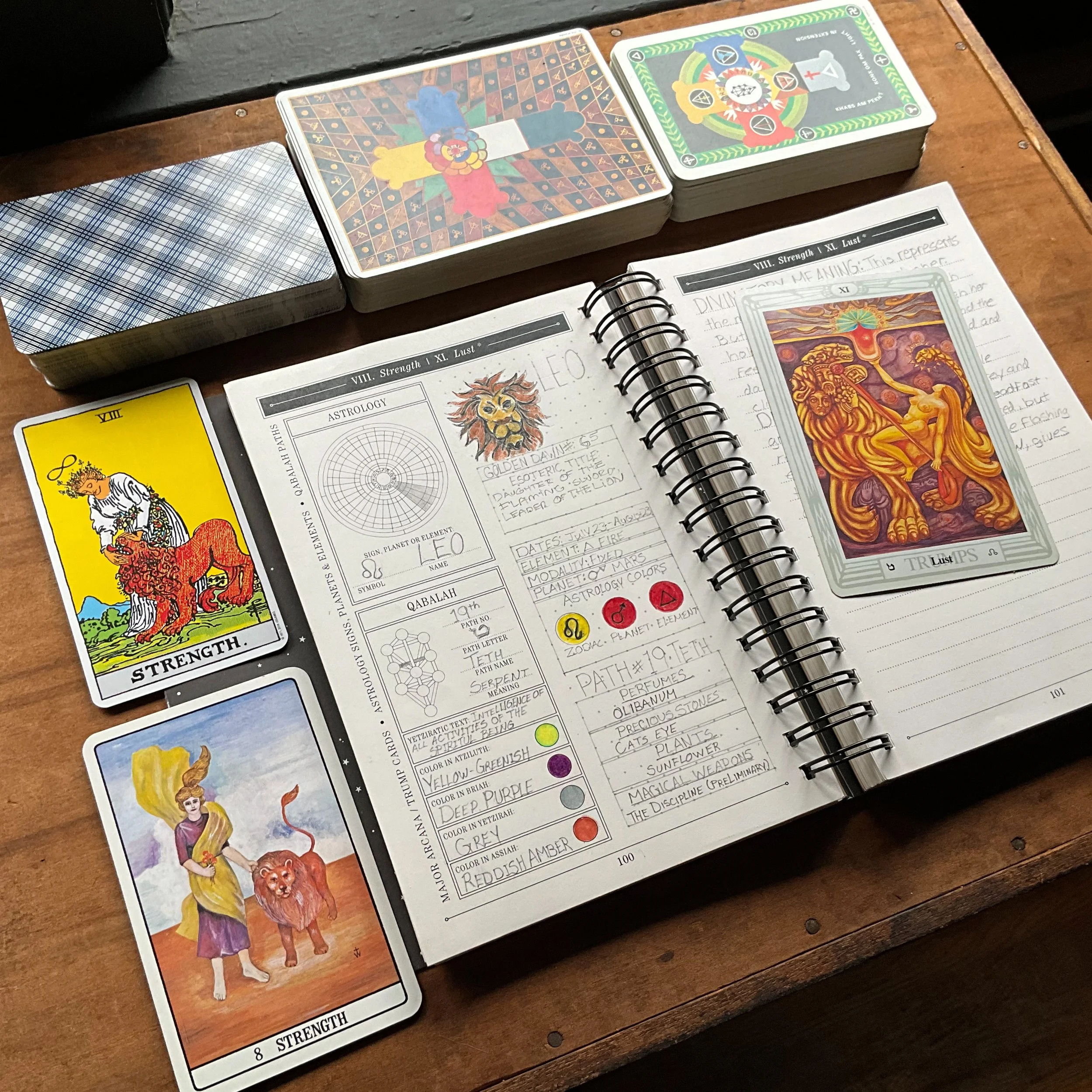 The Great Work Book showing journal pages for Strength/Lust, the tarot card associated with Leo.