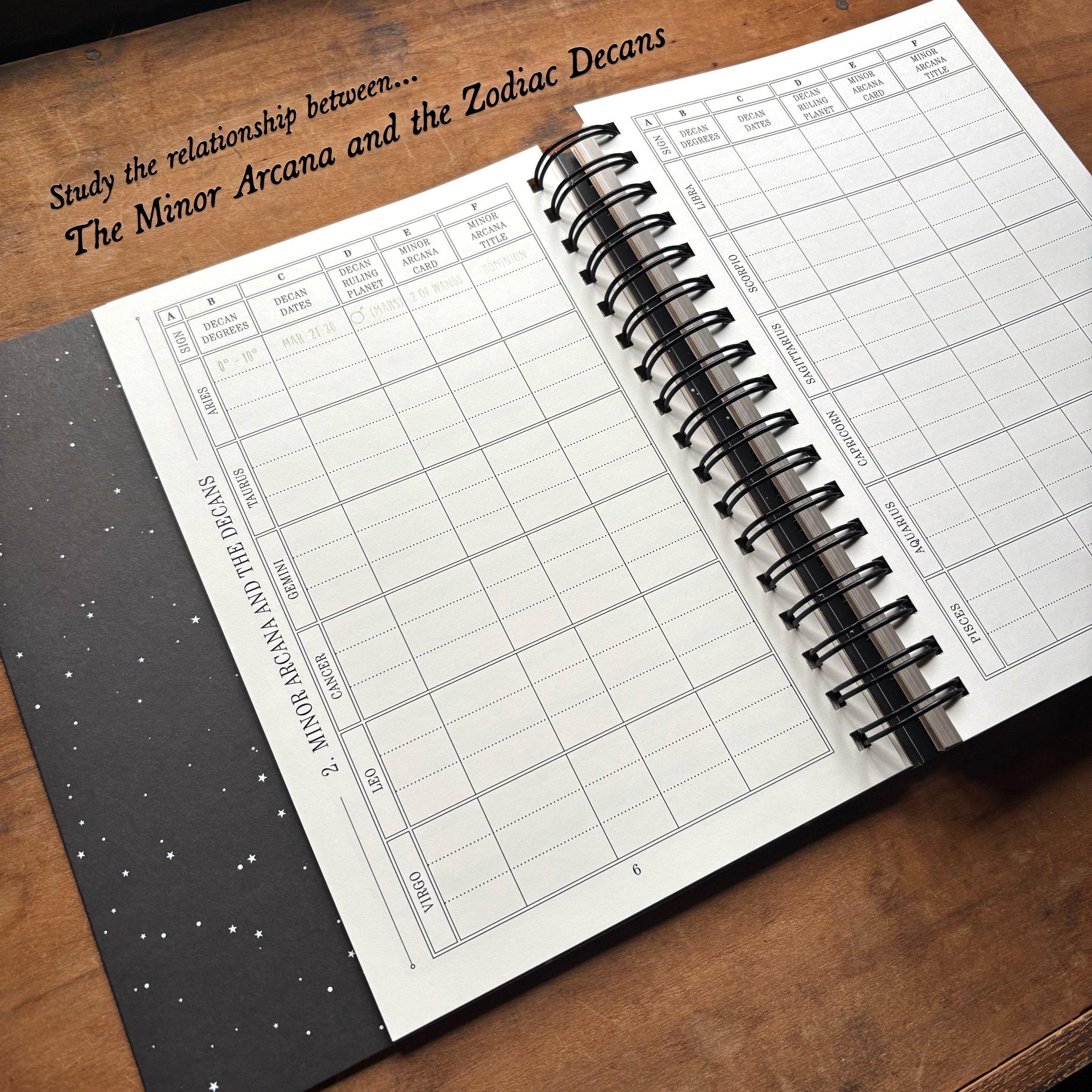 The Great Work Book showing the Minor Arcana and the Decans tarot and astrology activity.