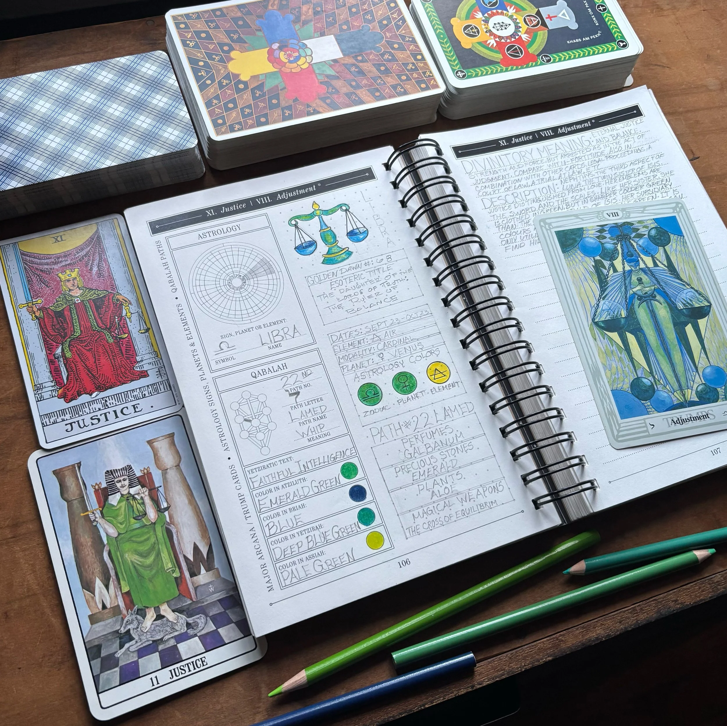 The Great Work Book Tarot Journal showing pages for XI. Justice / VIII. Adjustment, the tarot card associated with Libra and pictured with Justice and Adjustment tarot cards from Rider-Waite, Thoth, and Golden Dawn tarot decks.