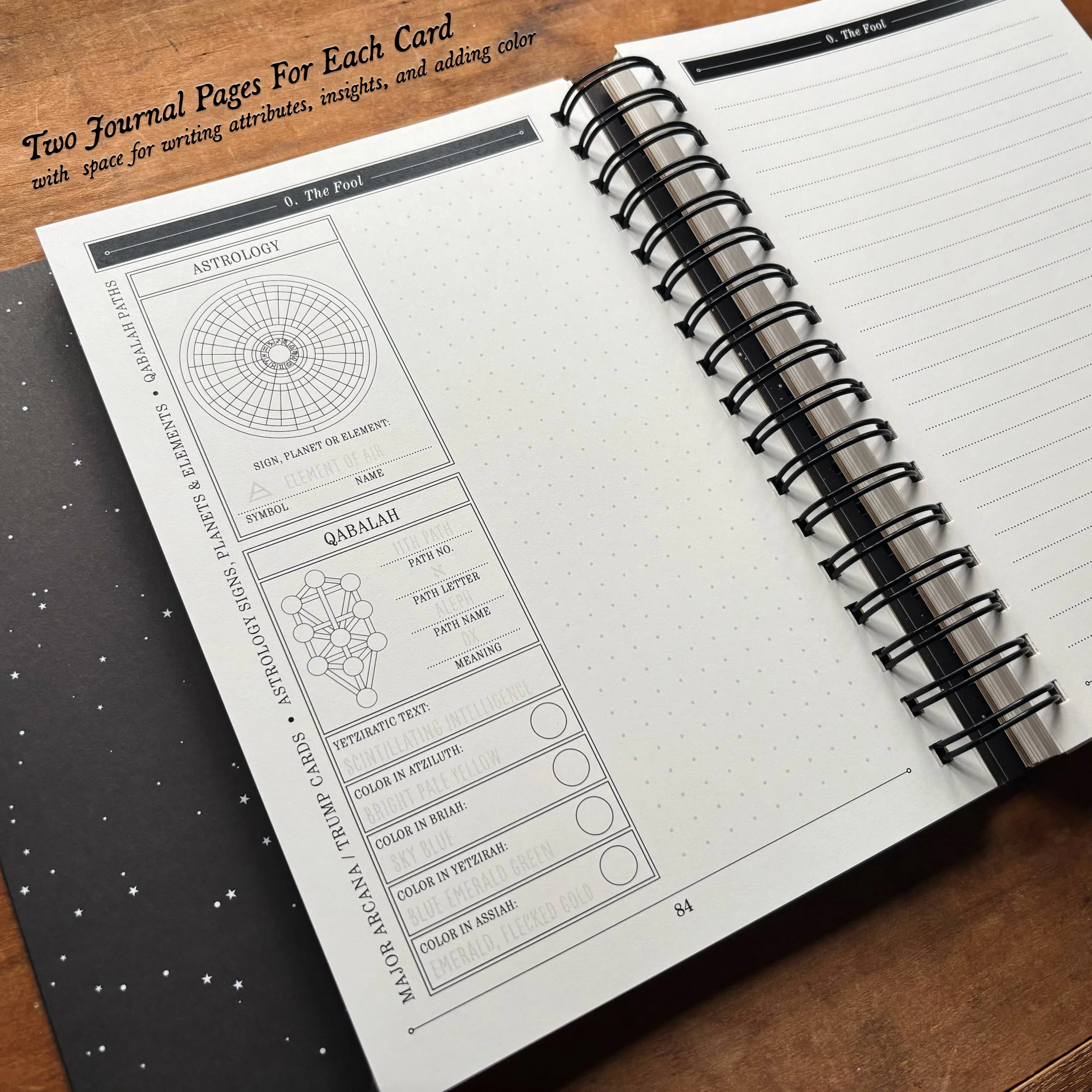 The Great Work Book showing two tarot journal pages with sidebar for common symbolism for astrology and qabalistic/tree of life symbolism and ample free-writing space.