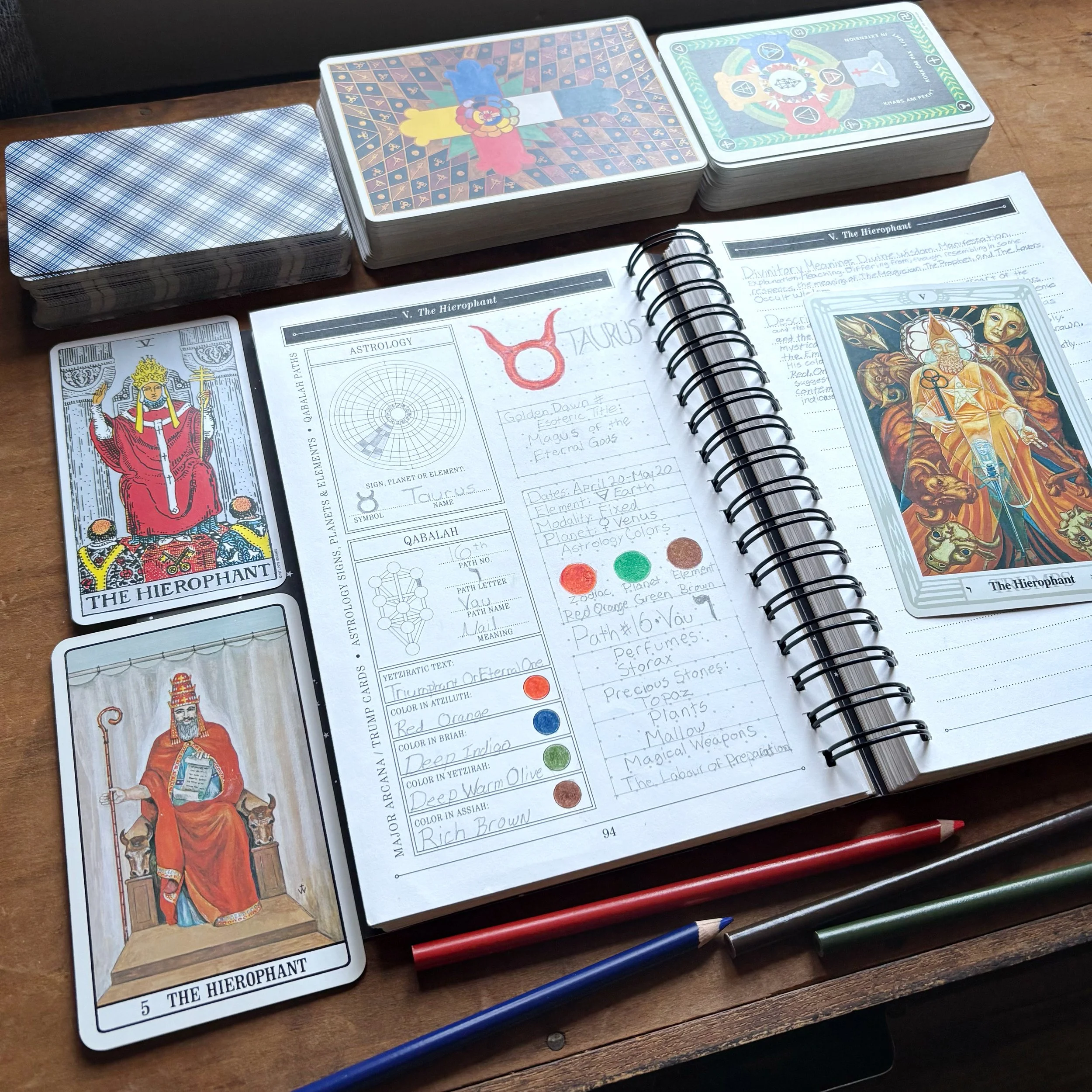 The Great Work Book showing journal pages for The Hierophant, the tarot card associated with Taurusi. Cards pictured are from the Rider-Waite, Crowley Thoth, and Golden Dawn tarot decks.
