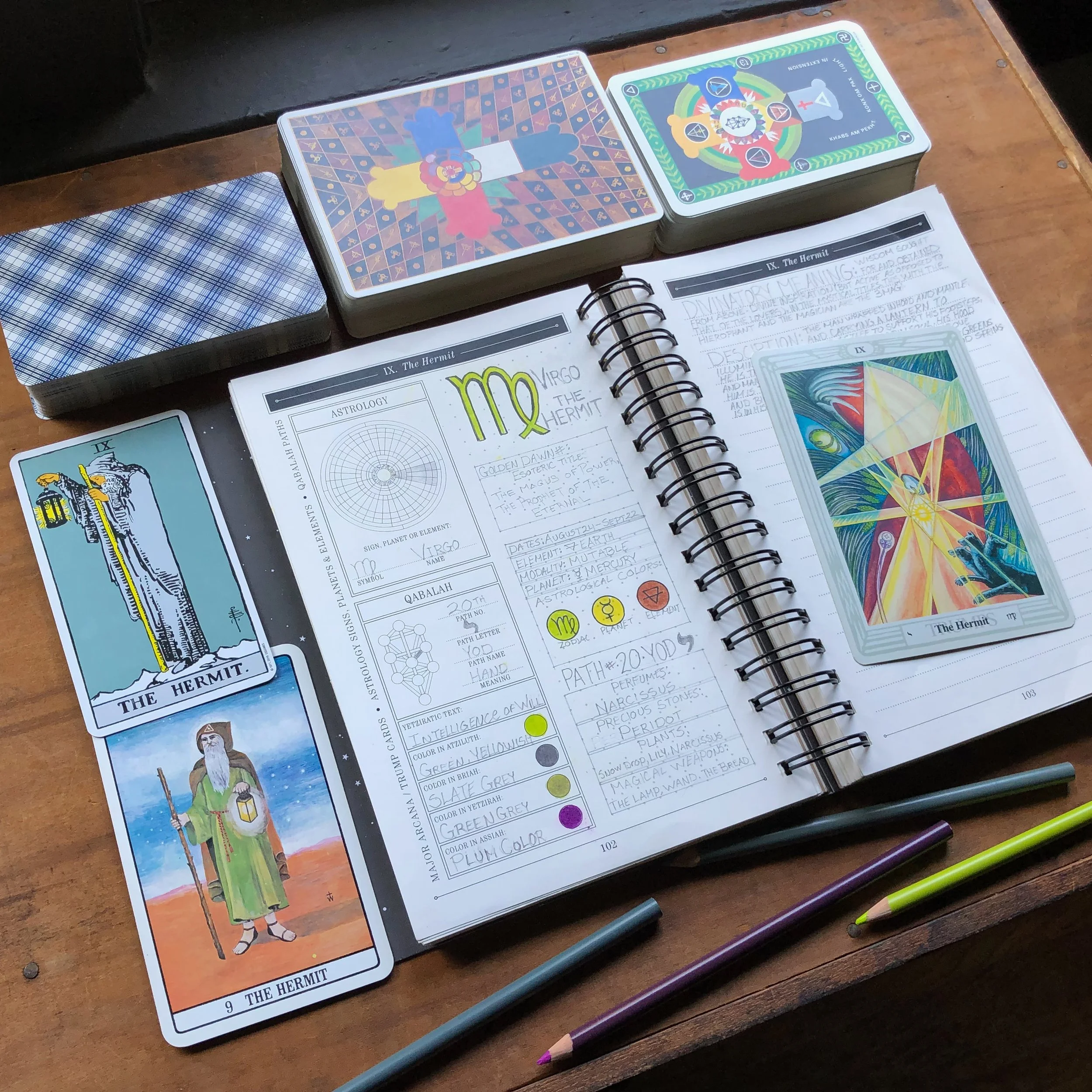 The Great Work Book Tarot Journal showing pages for IX. The Hermit, the tarot card associated with Virgo and pictured with The Hermit tarot cards from Rider-Waite, Thoth, and Golden Dawn tarot decks.