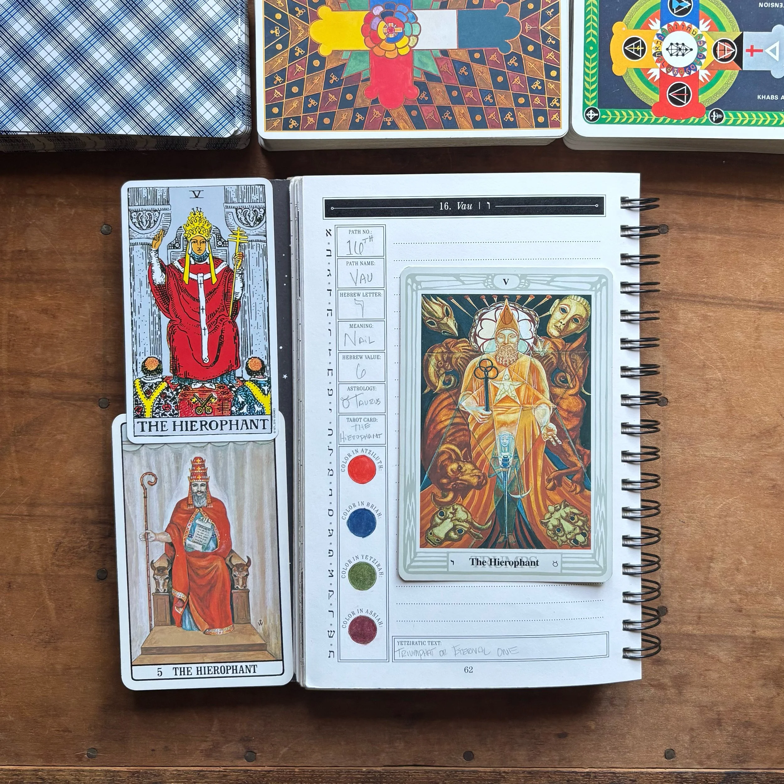 The Great Work Book’s Qabalistic Journal featuring Vau, the path associated with Taurus. The Hierophant tarot cards from Rider-Waite, Thoth, and Golden Dawn decks are pictured.