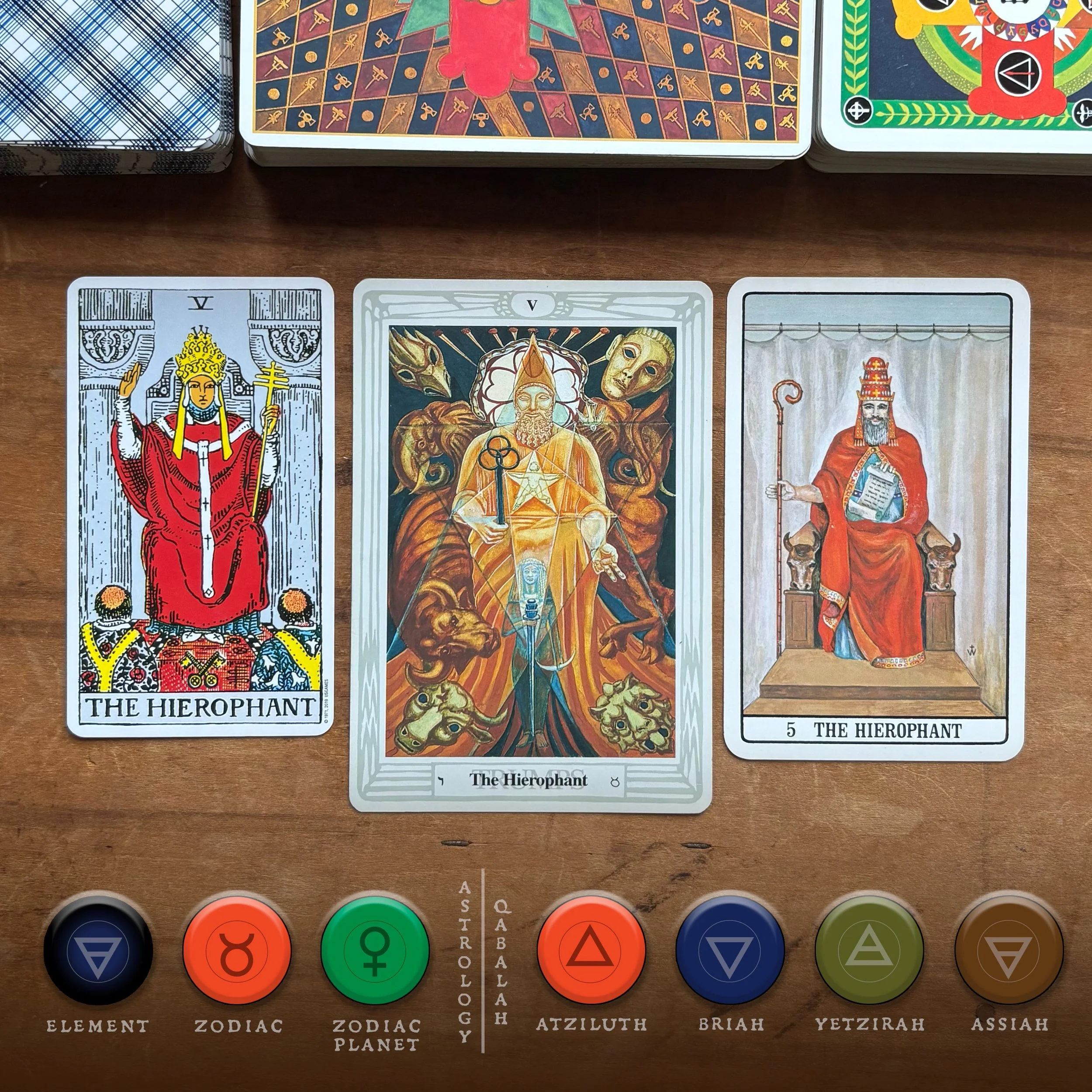 The Hierophant tarot card from the Rider-Waite, Crowley Thoth, and Golden Dawn tarot decks pictured with their qalabistic color palette.